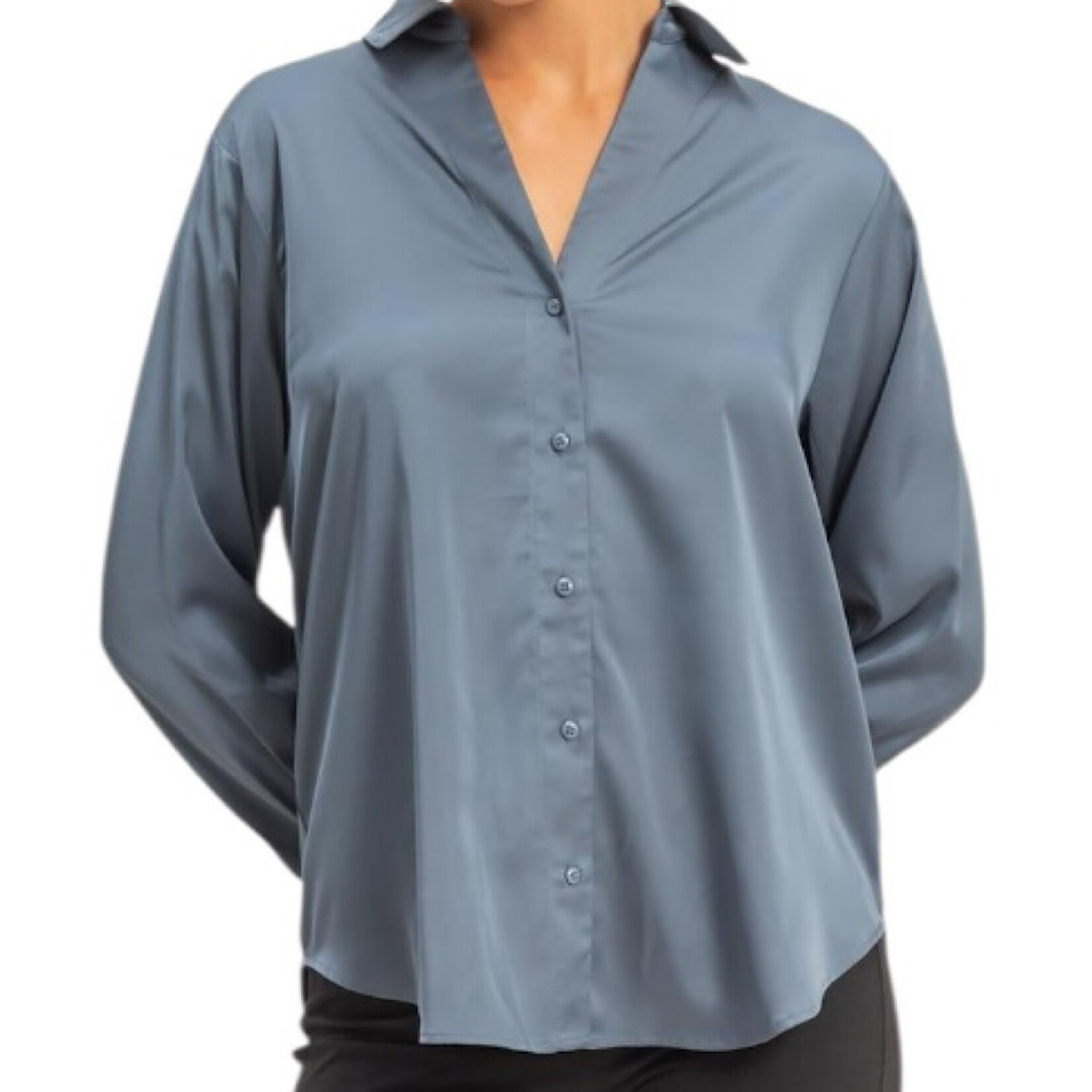 Dusty Navy Collared Satin Button Up Shirt