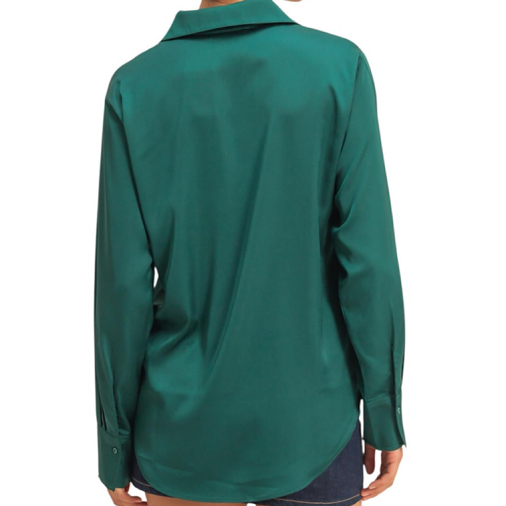 Dark Green Collared Satin Button Up Shirt