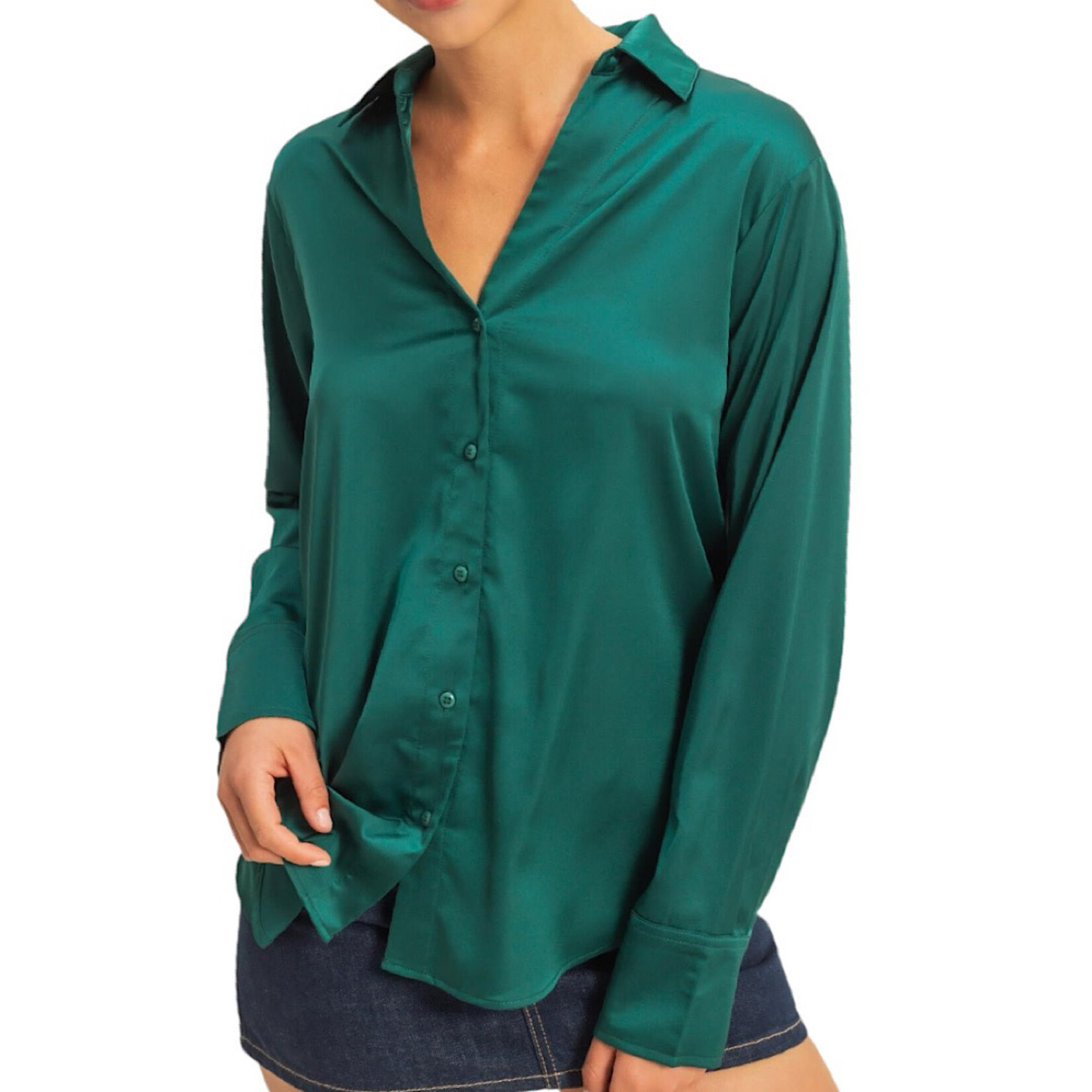 Dark Green Collared Satin Button Up Shirt