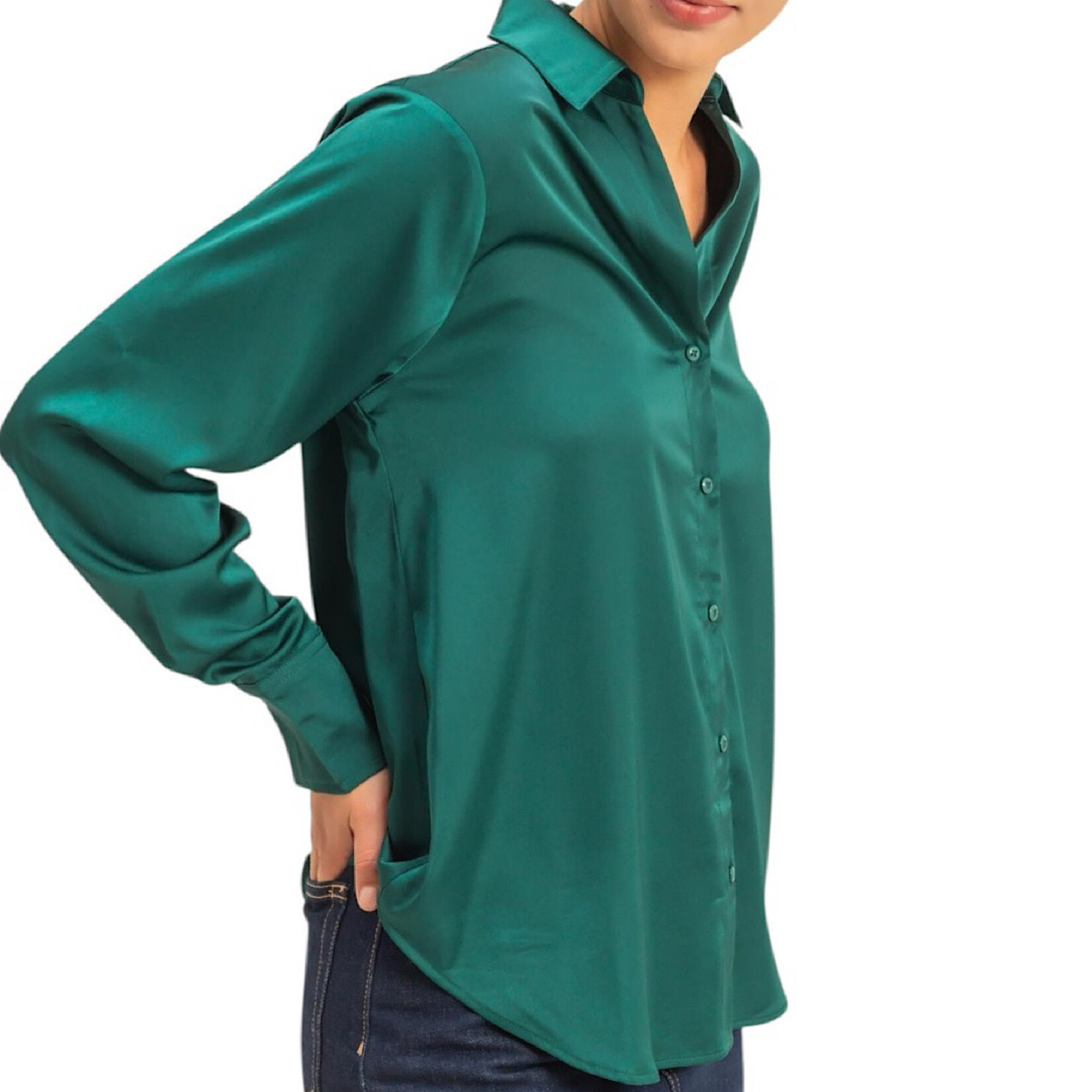 Dark Green Collared Satin Button Up Shirt