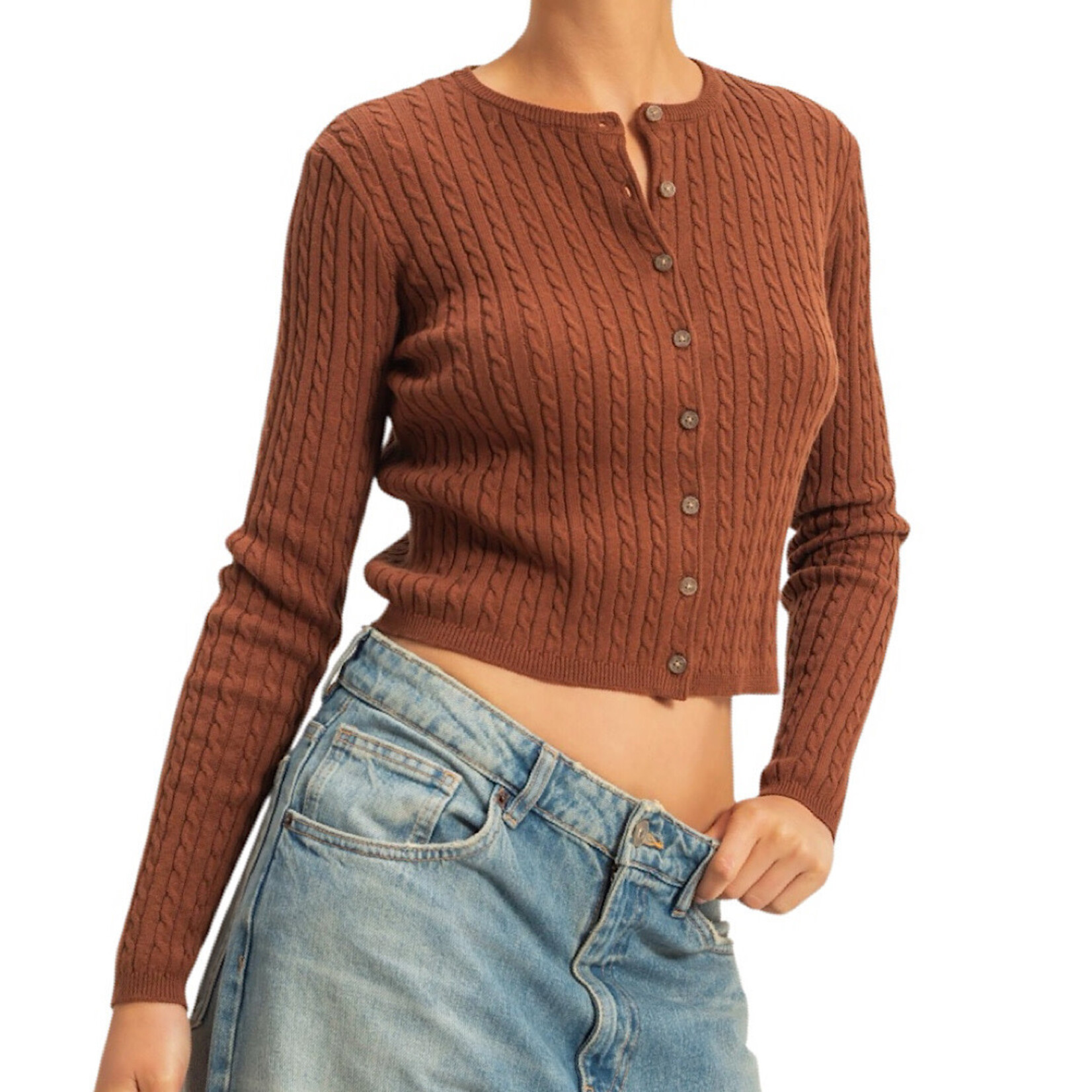 Chestnut Cable Knit Long Sleeve Crop Cardigan