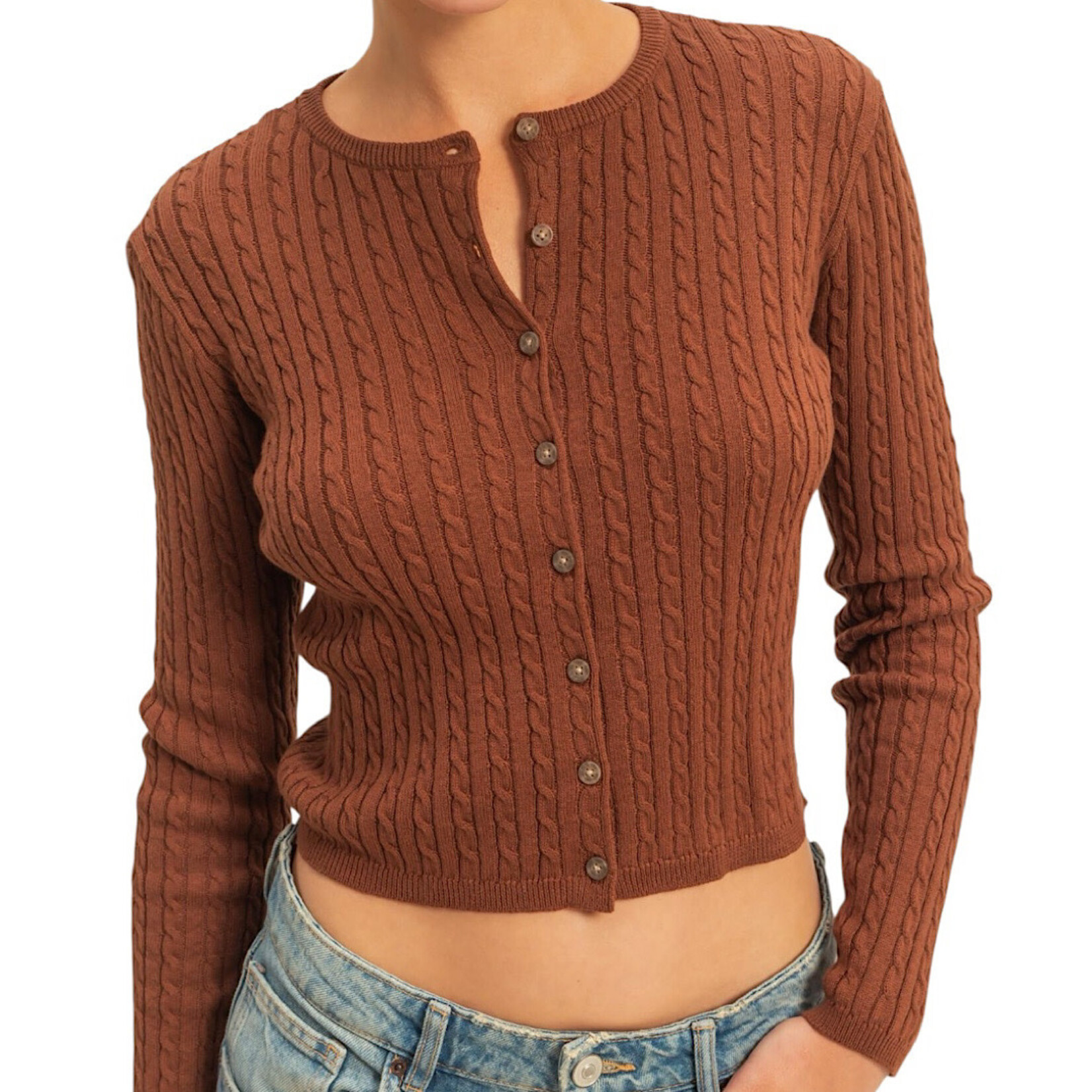 Chestnut Cable Knit Long Sleeve Crop Cardigan