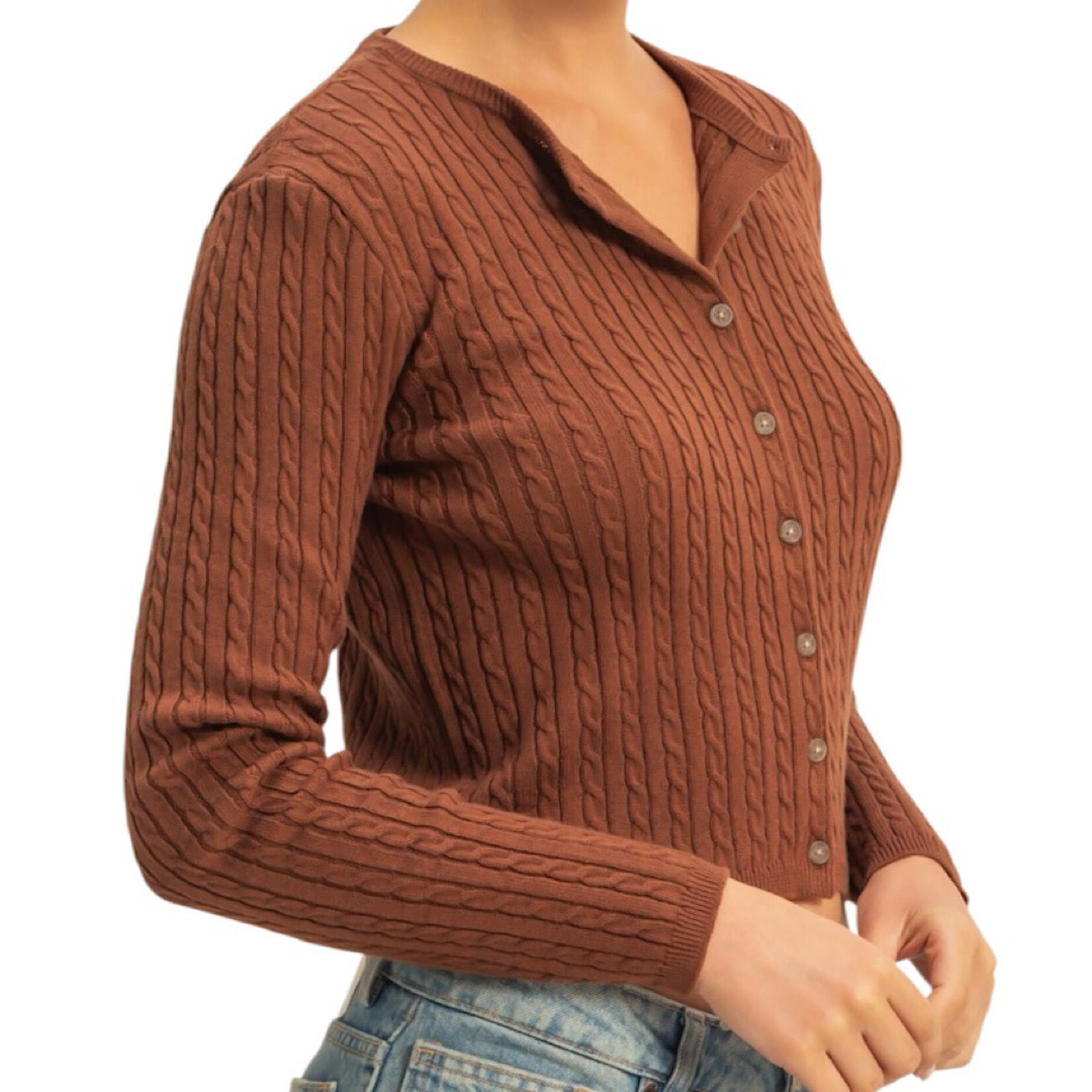 Chestnut Cable Knit Long Sleeve Crop Cardigan