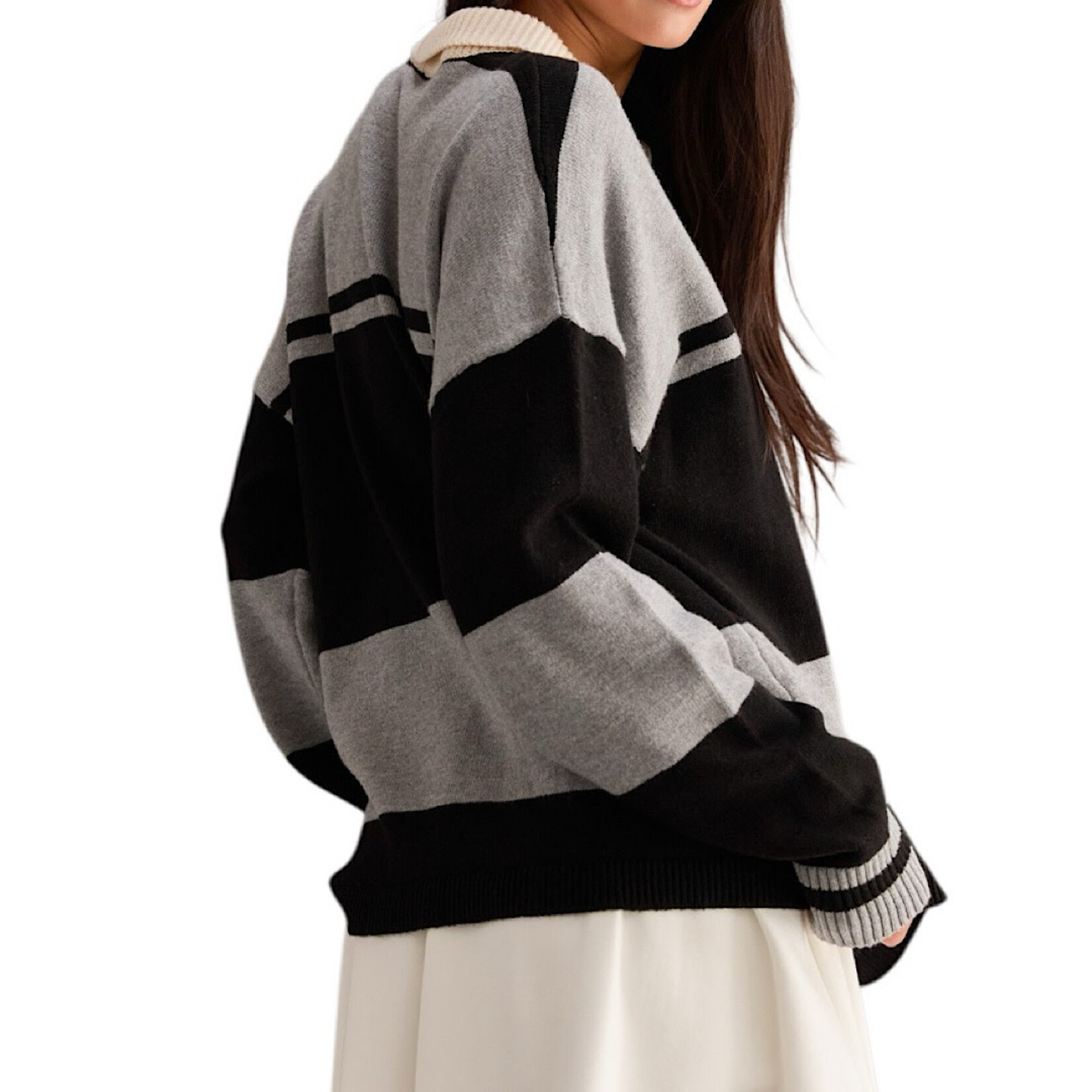 Black/Heather Gray Stripe Sweater with Polo Collar
