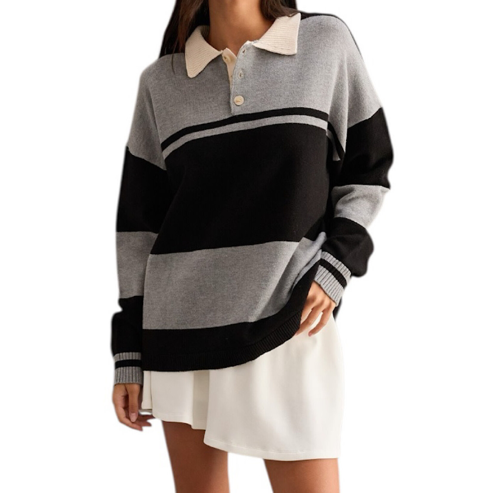 Black/Heather Gray Stripe Sweater with Polo Collar