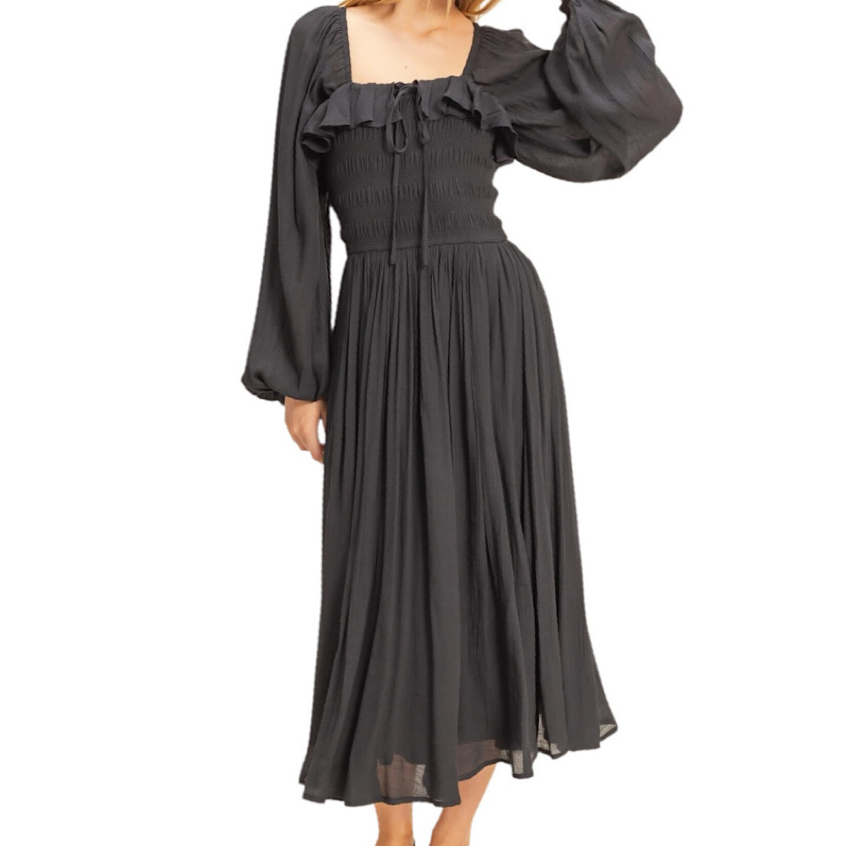 Black Smocked Bodice Dress with Frill Detail