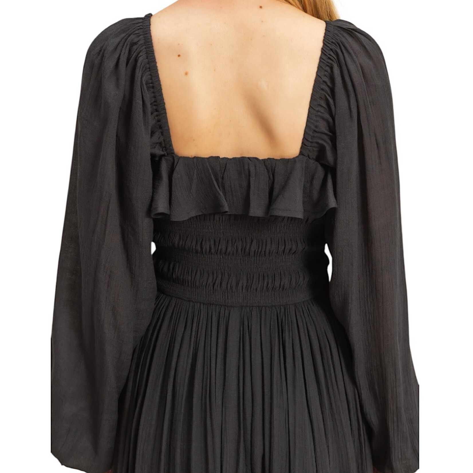 Black Smocked Bodice Dress with Frill Detail