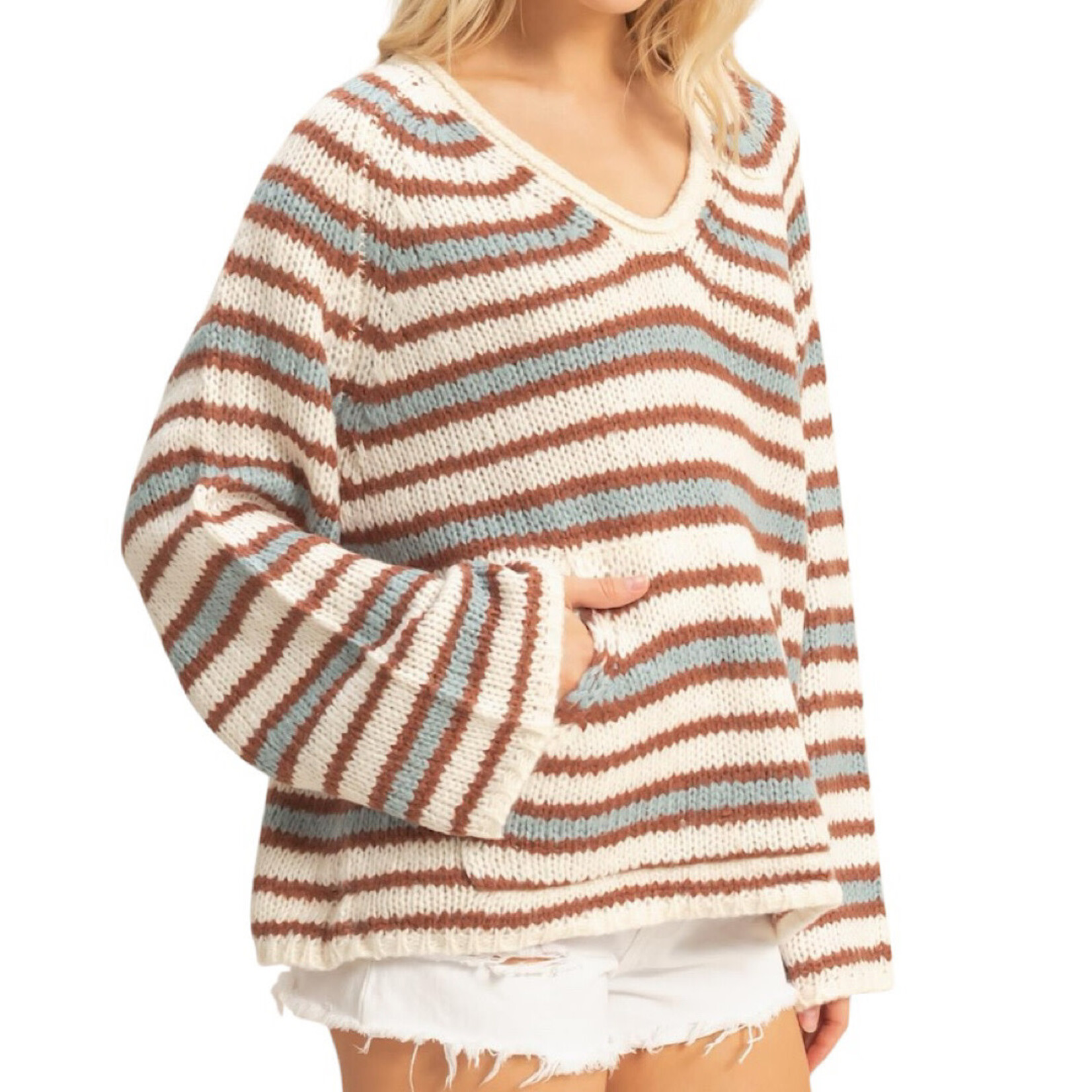 Cream Combo Striped Pullover with Kangaroo Pocket