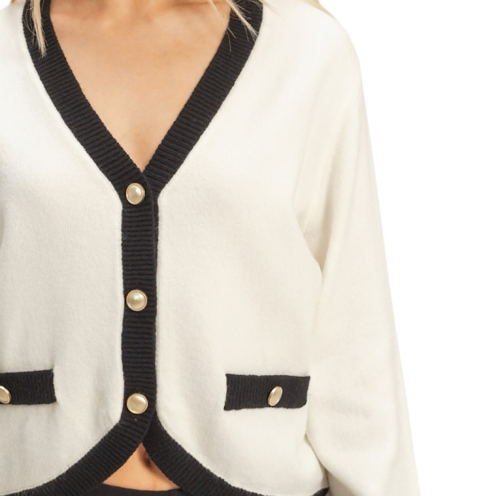 Cream Contrast Trimmed Sweater Cardigan