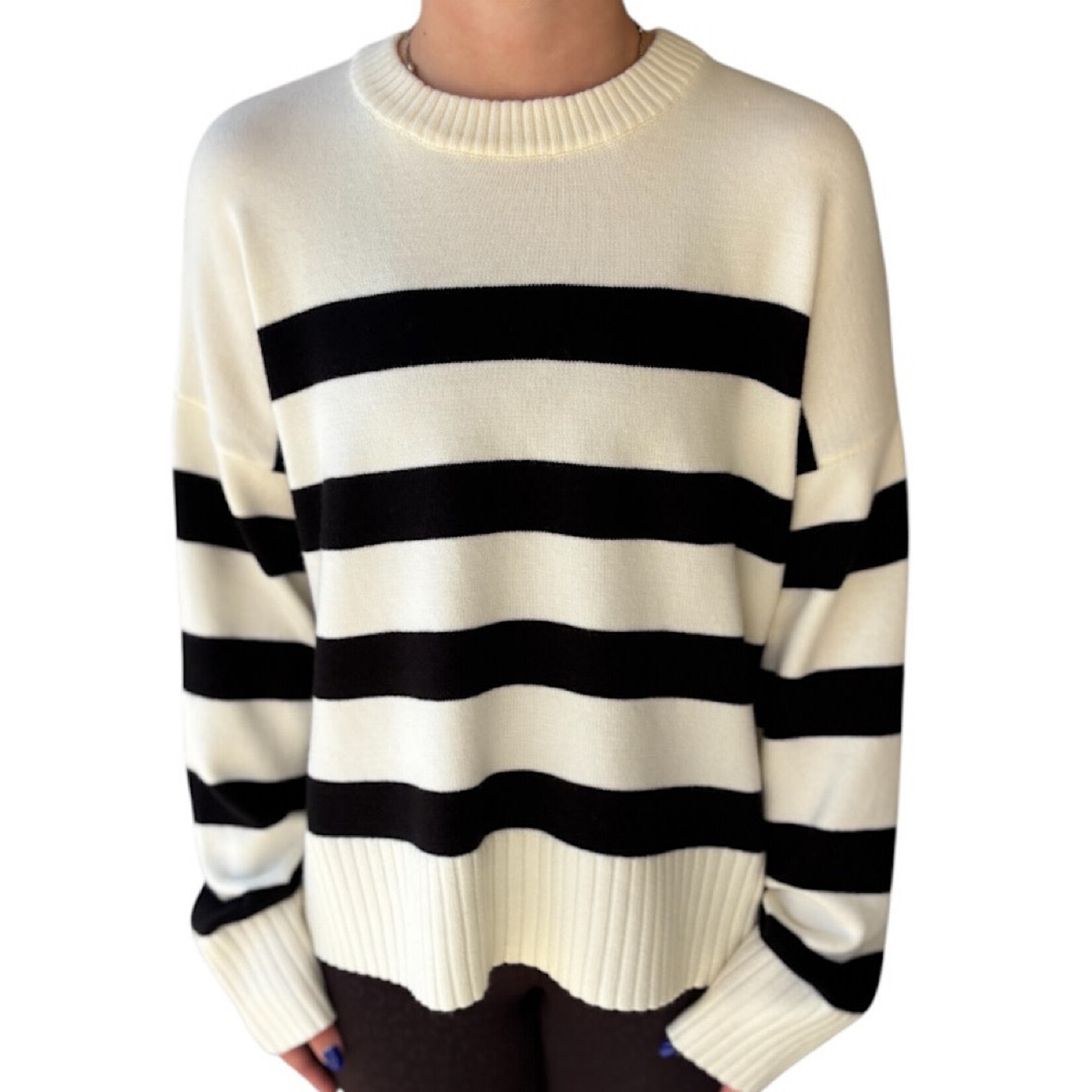 Cream/Black Striped Crew Neck Sweater