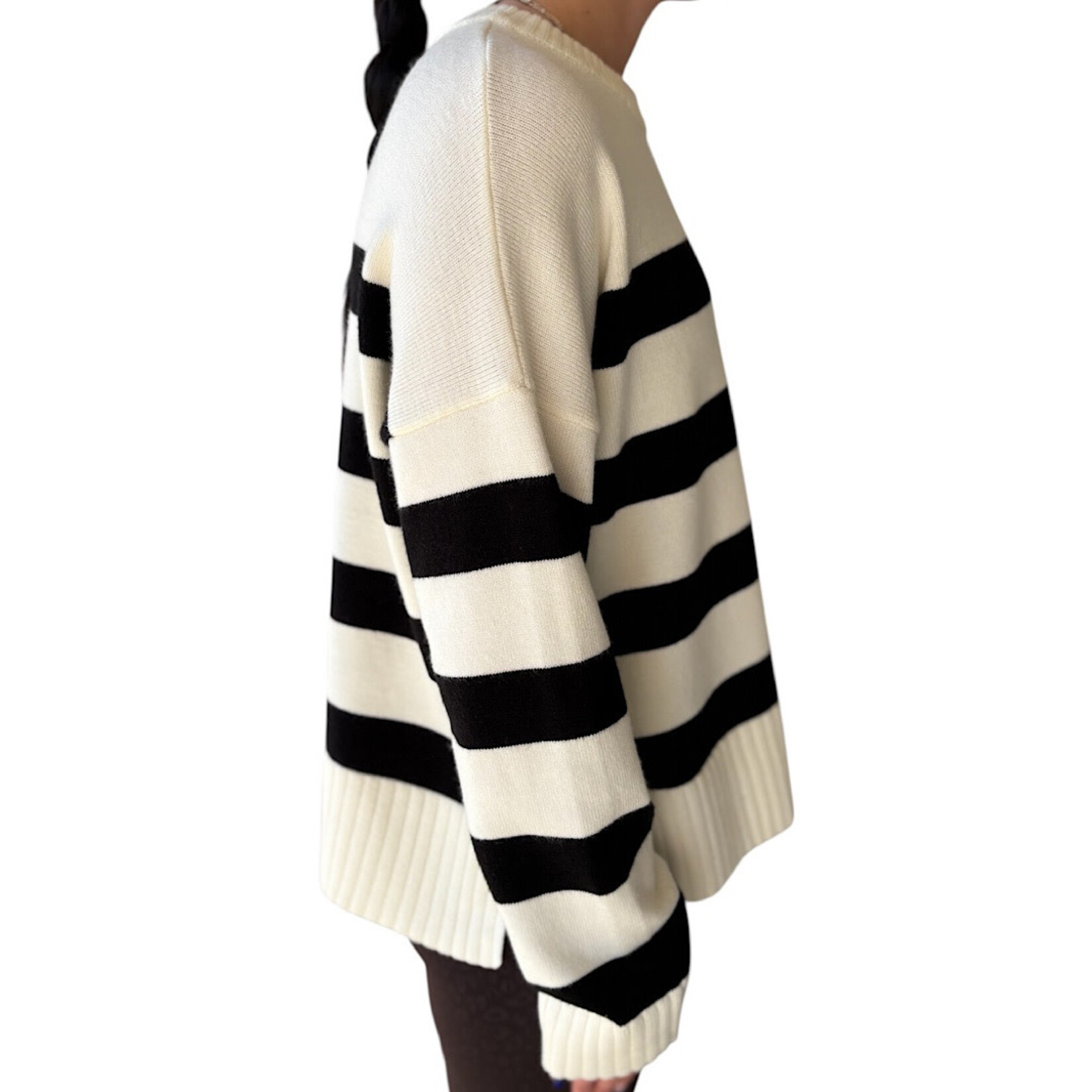 Cream/Black Striped Crew Neck Sweater