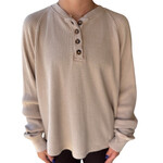 Dark Taupe Mineral Washed Henley Waffle Knit Top