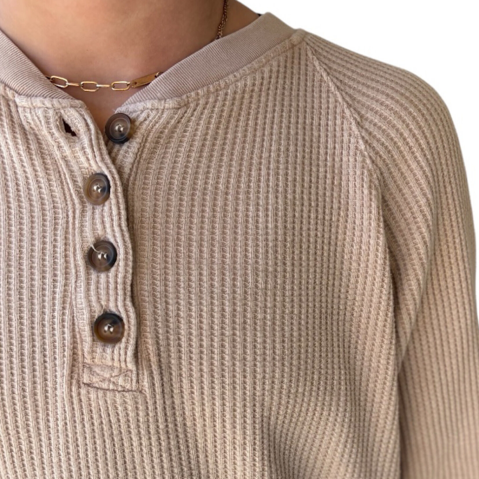 Dark Taupe Mineral Washed Henley Waffle Knit Top
