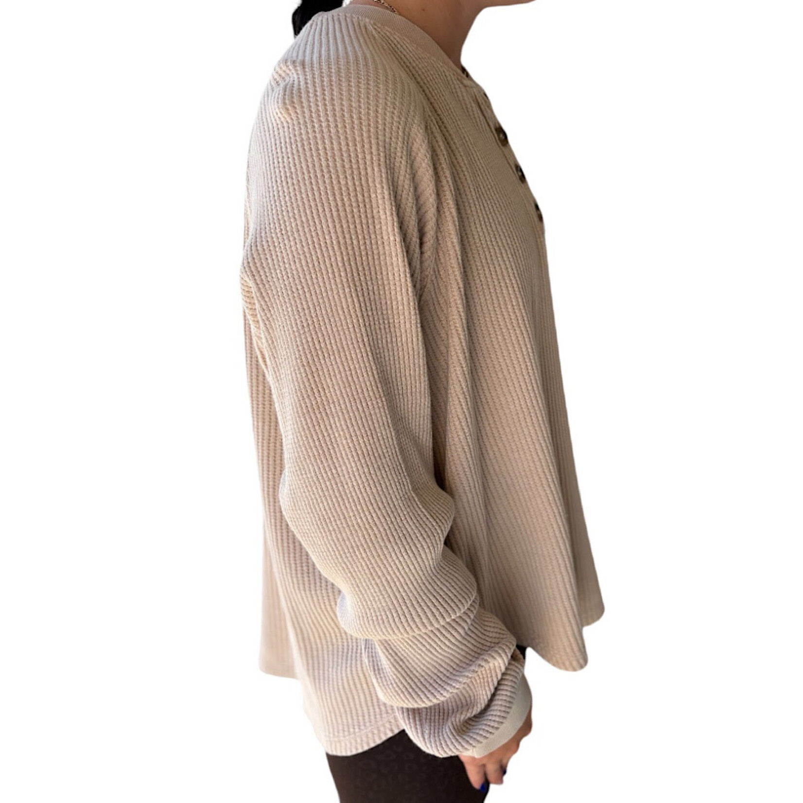 Dark Taupe Mineral Washed Henley Waffle Knit Top