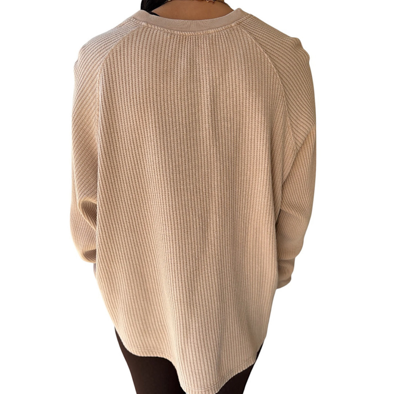 Dark Taupe Mineral Washed Henley Waffle Knit Top