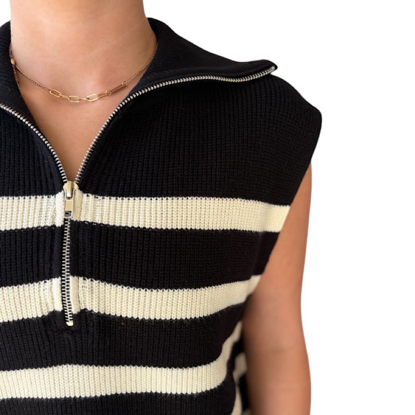 Black/Cream Striped Half Zip Sweater Vest