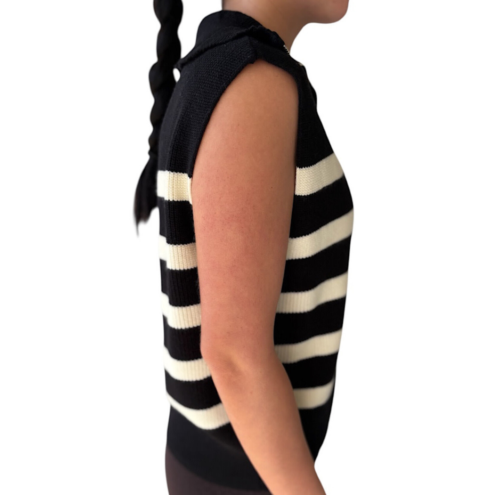 Black/Cream Striped Half Zip Sweater Vest