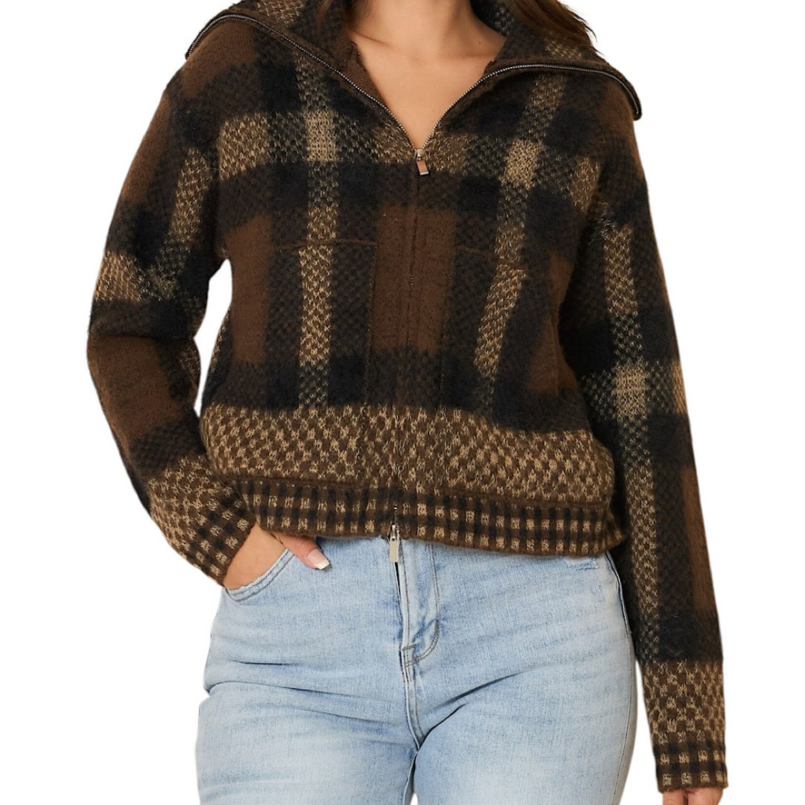 Brown Plaid Knit Zipper Jacket