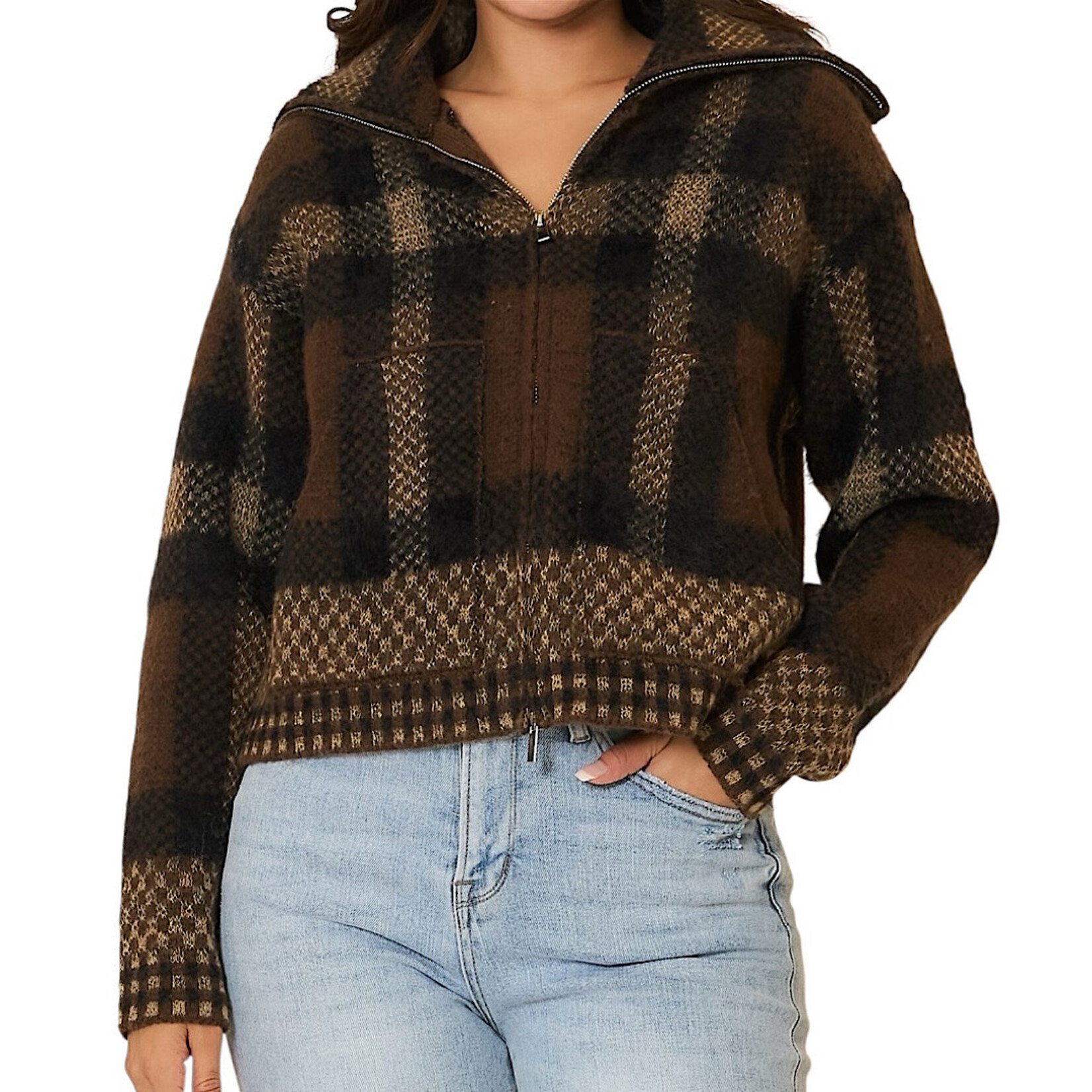 Brown Plaid Knit Zipper Jacket