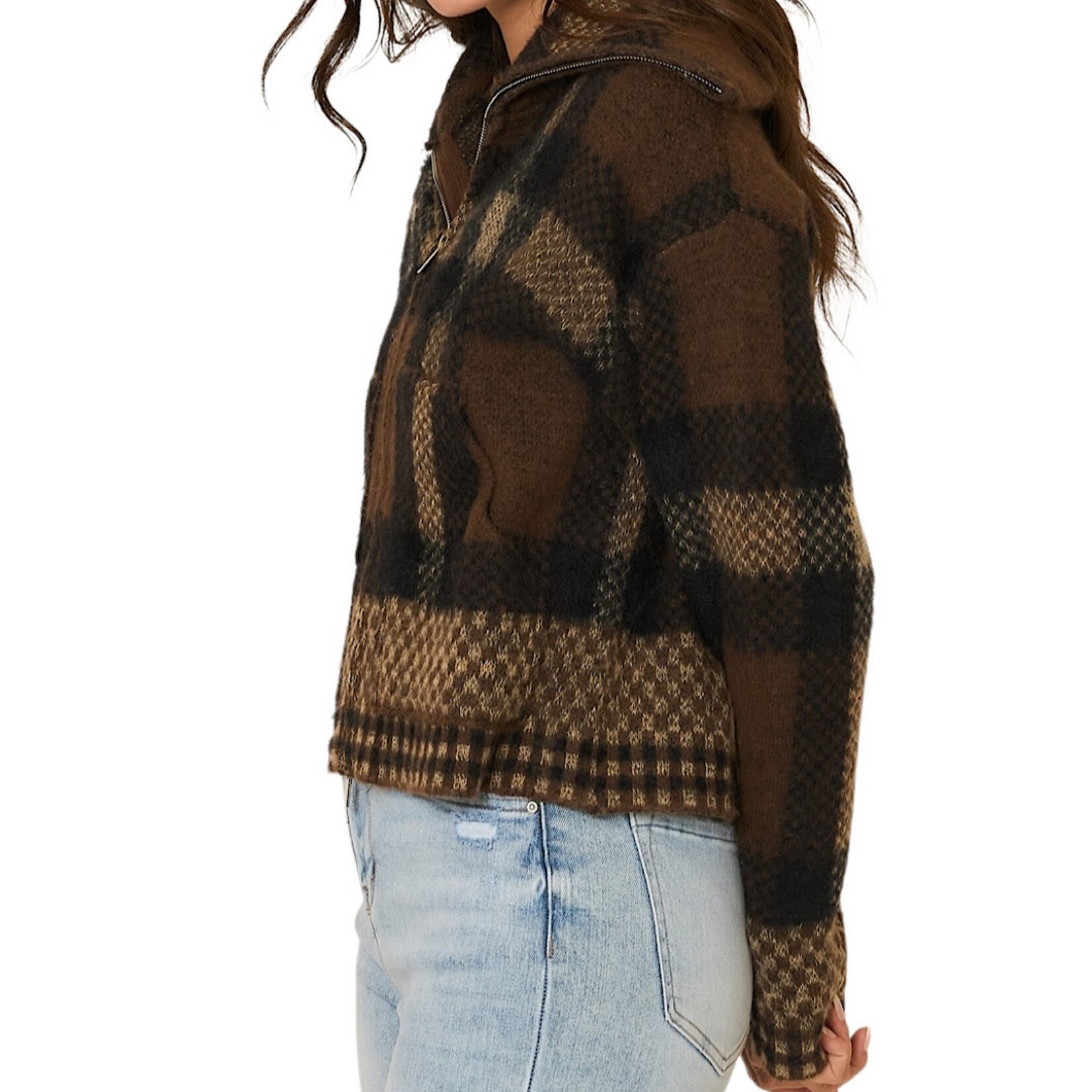 Brown Plaid Knit Zipper Jacket