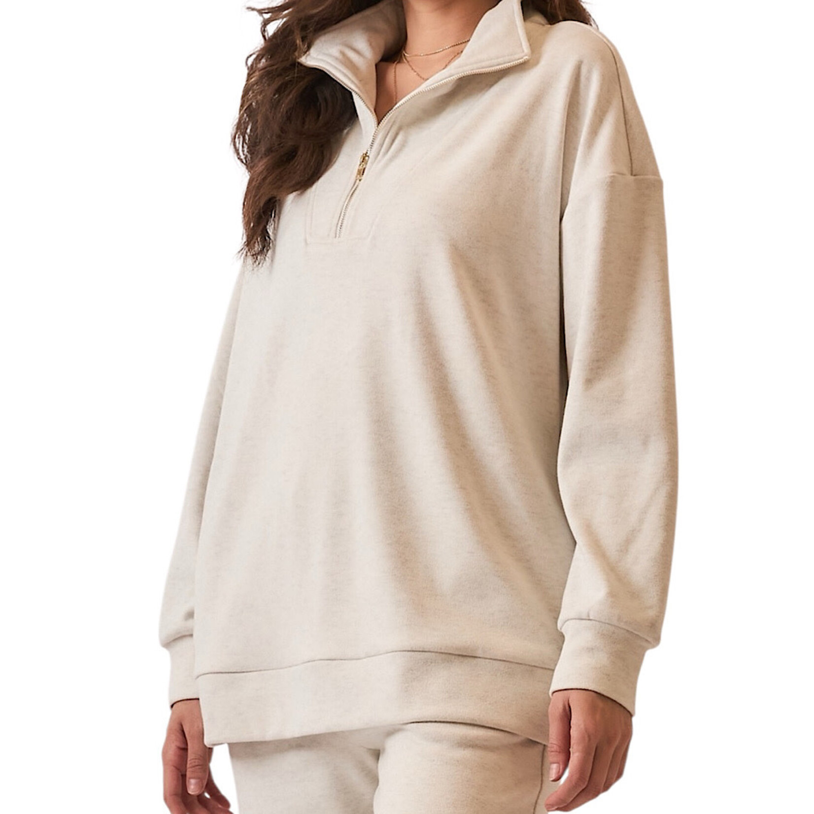 Natural French Terry High Neck Zip Up Sweatshirt