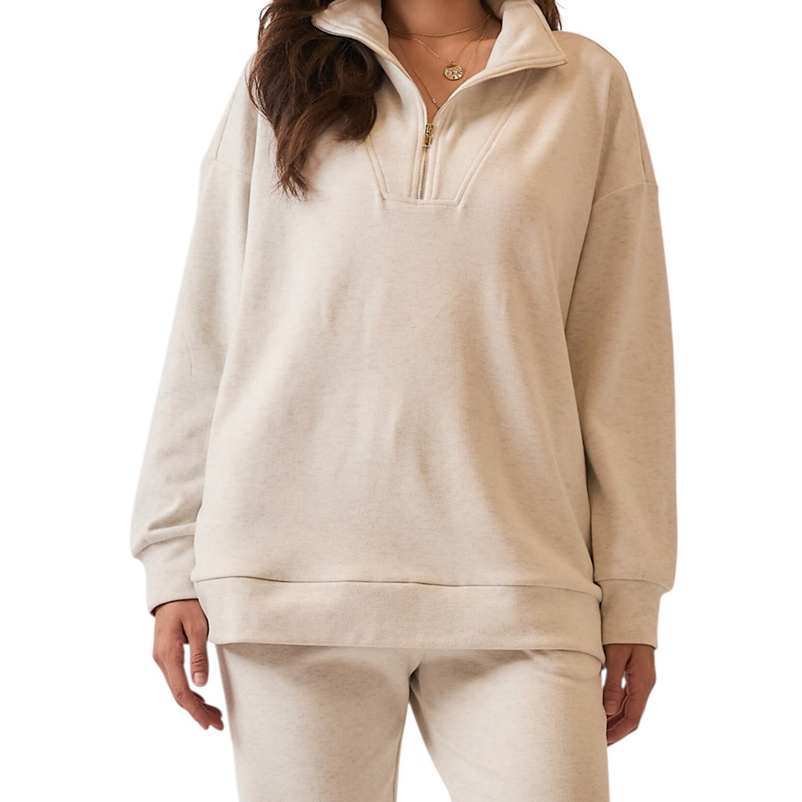 Natural French Terry High Neck Zip Up Sweatshirt