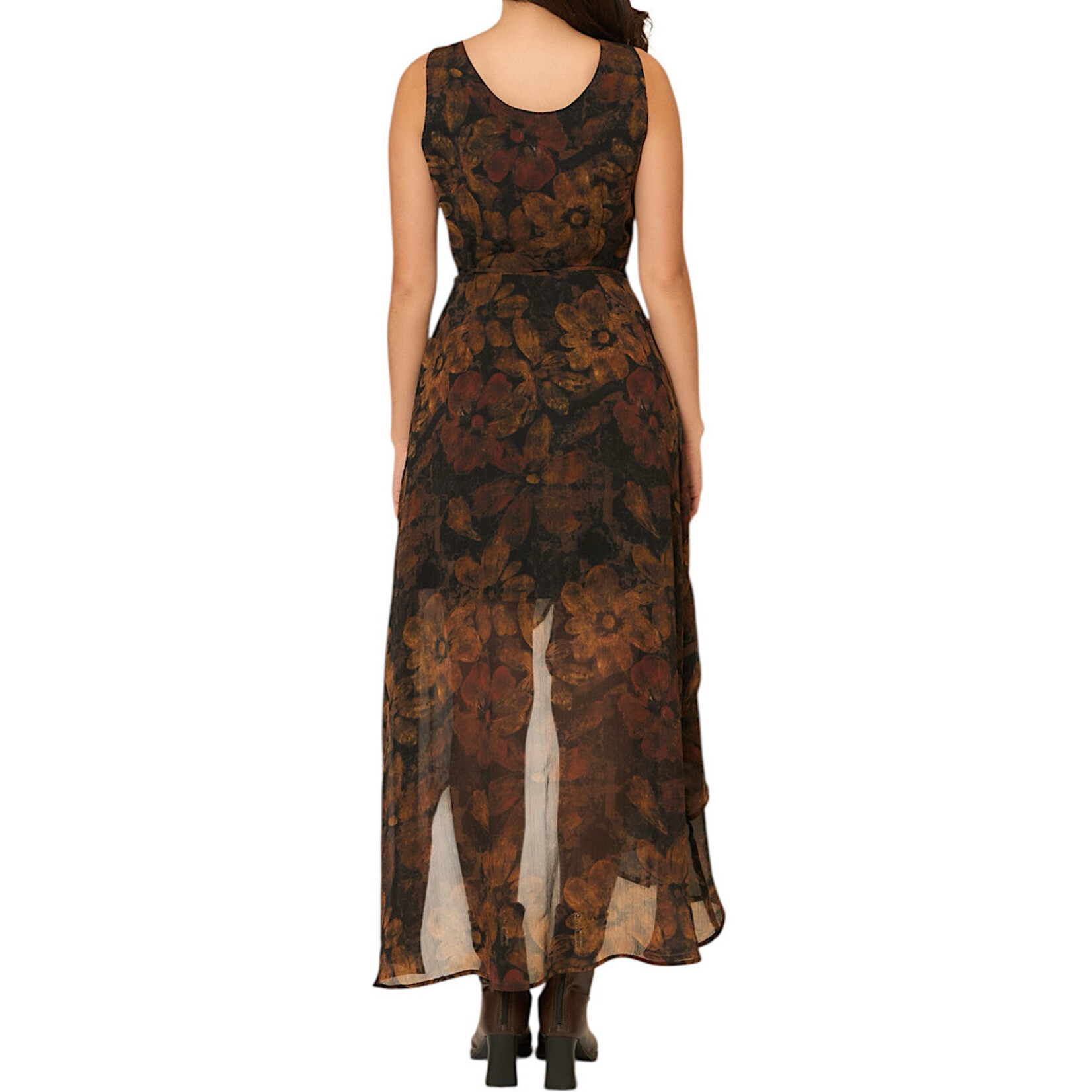 Black Sleeveless Floral Wrap High-Low Surplice Midi Dress