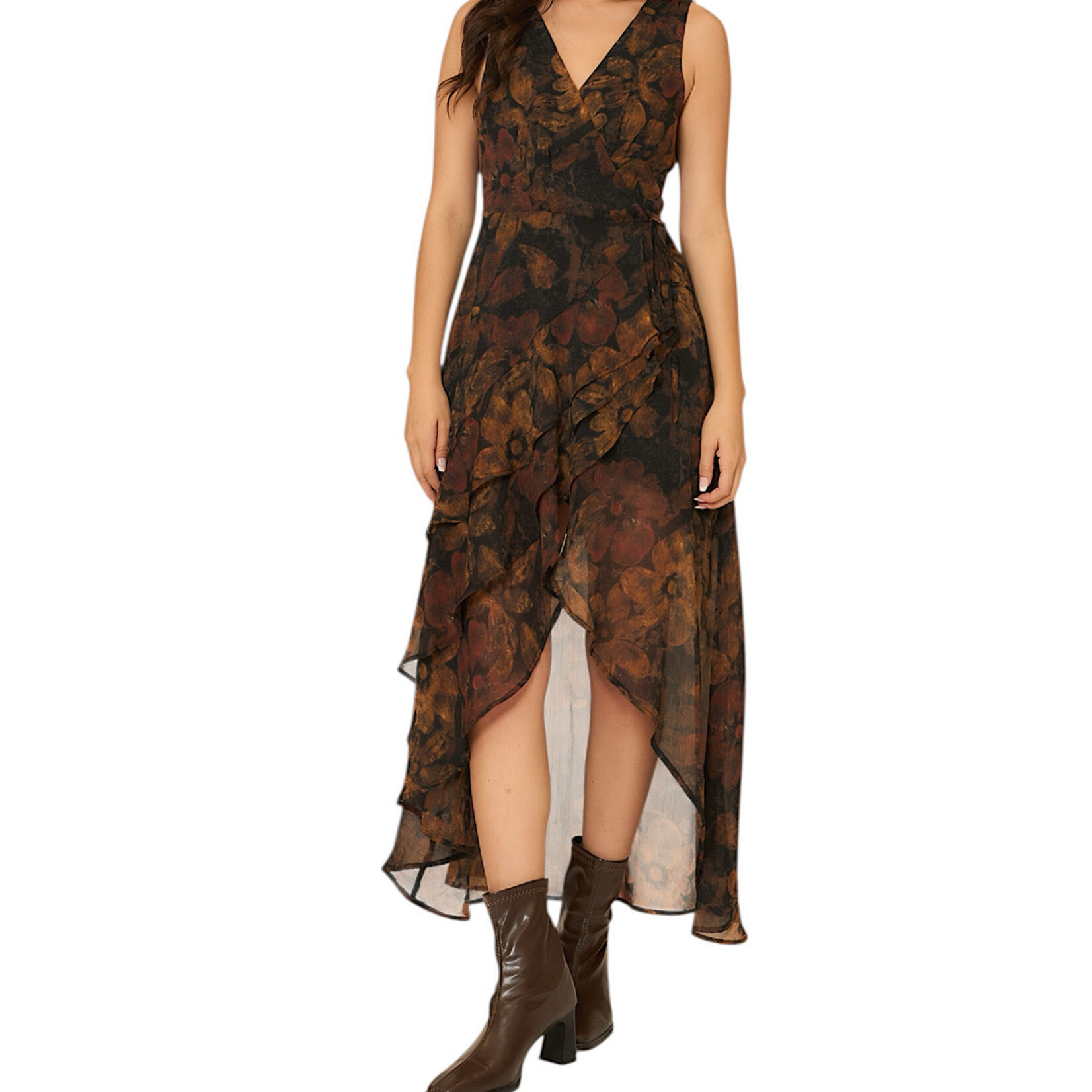 Black Sleeveless Floral Wrap High-Low Surplice Midi Dress