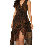 Black Sleeveless Floral Wrap High-Low Surplice Midi Dress