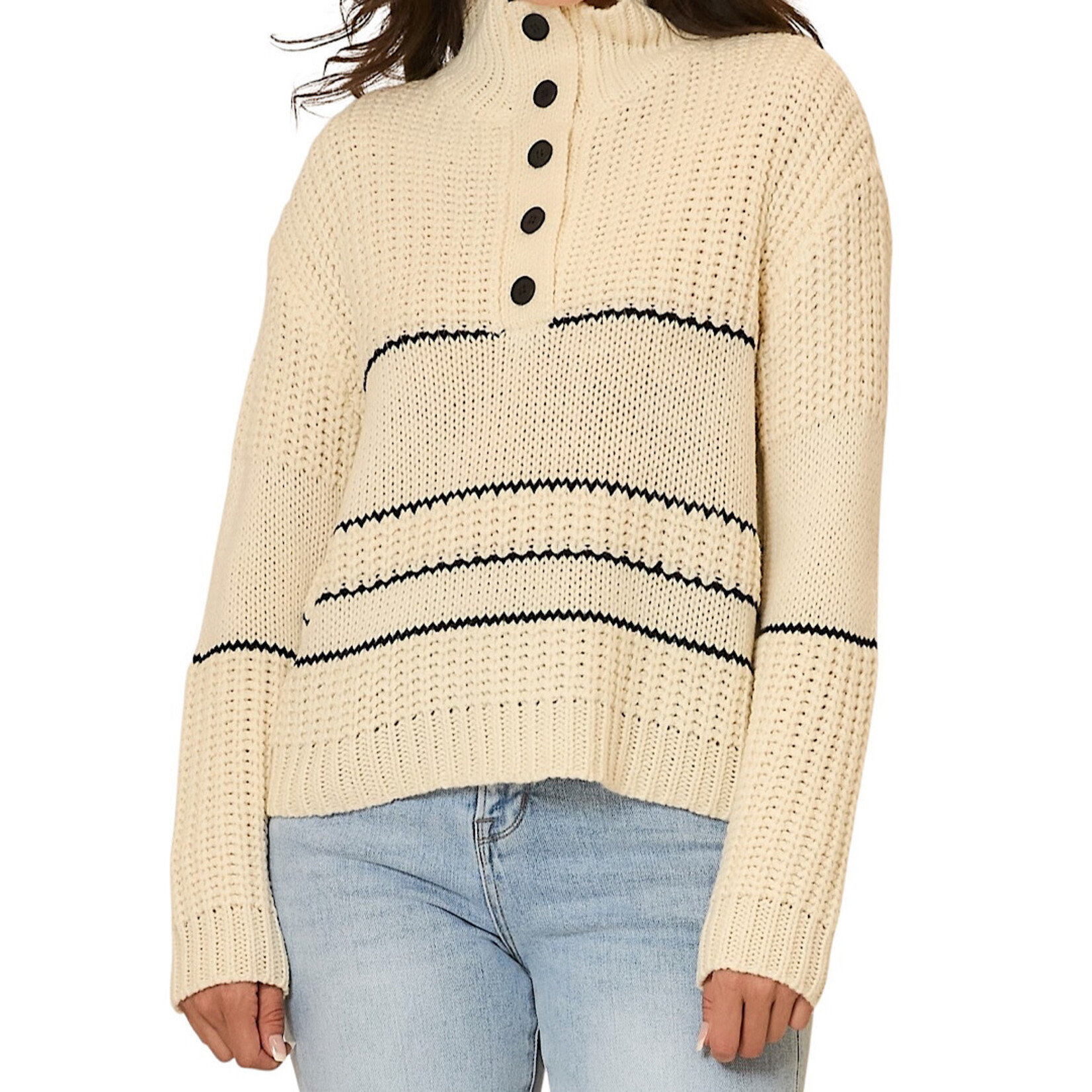 Cream Button Up Knit Sweater With Contrast Stripes