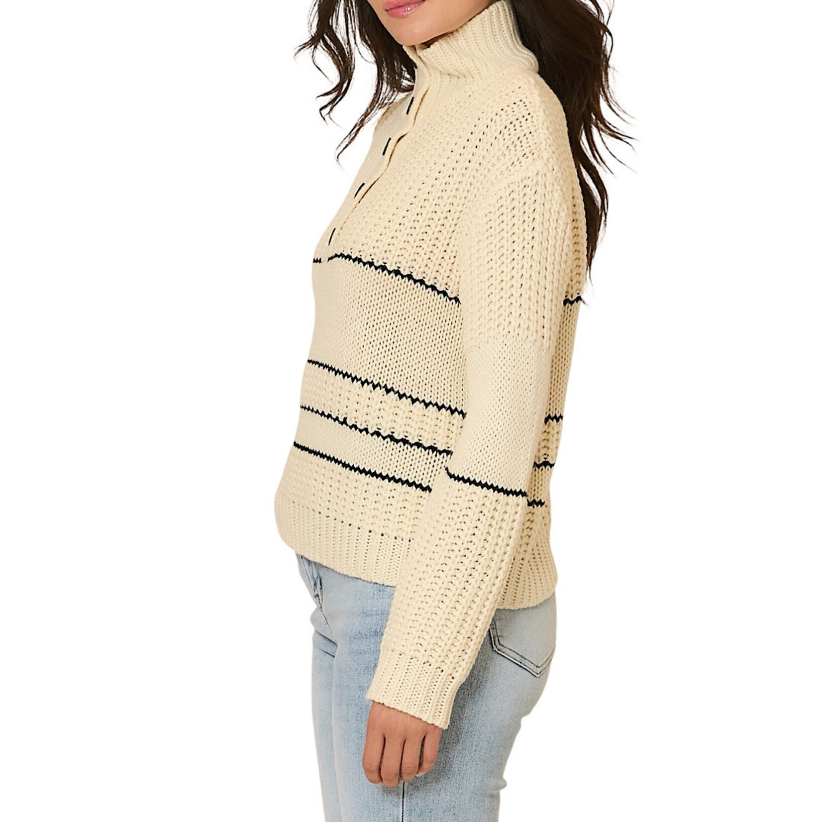 Cream Button Up Knit Sweater With Contrast Stripes