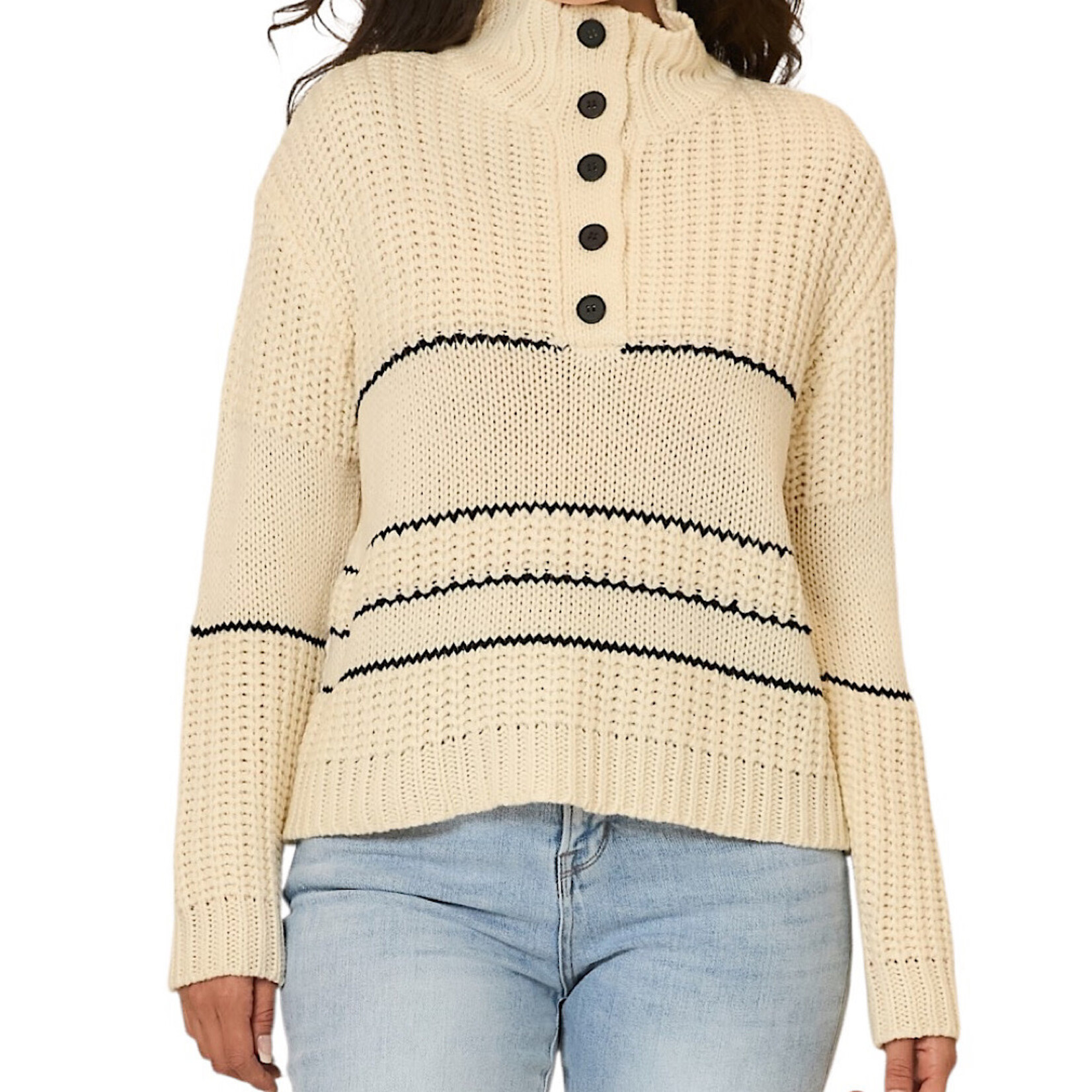Cream Button Up Knit Sweater With Contrast Stripes