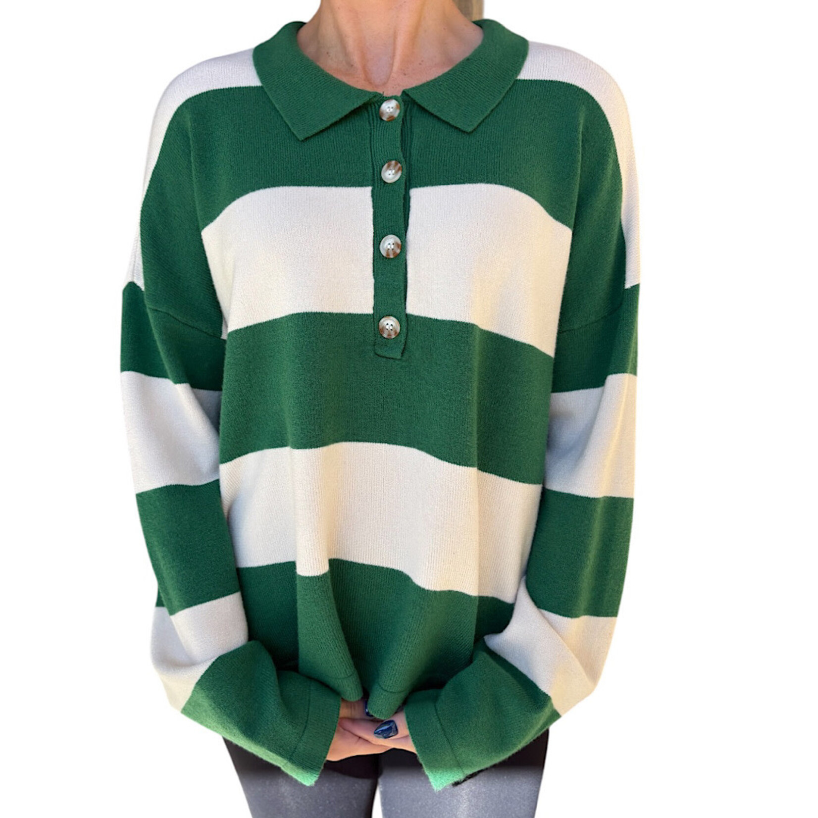 Green Sweater with Polo Collar Detailing
