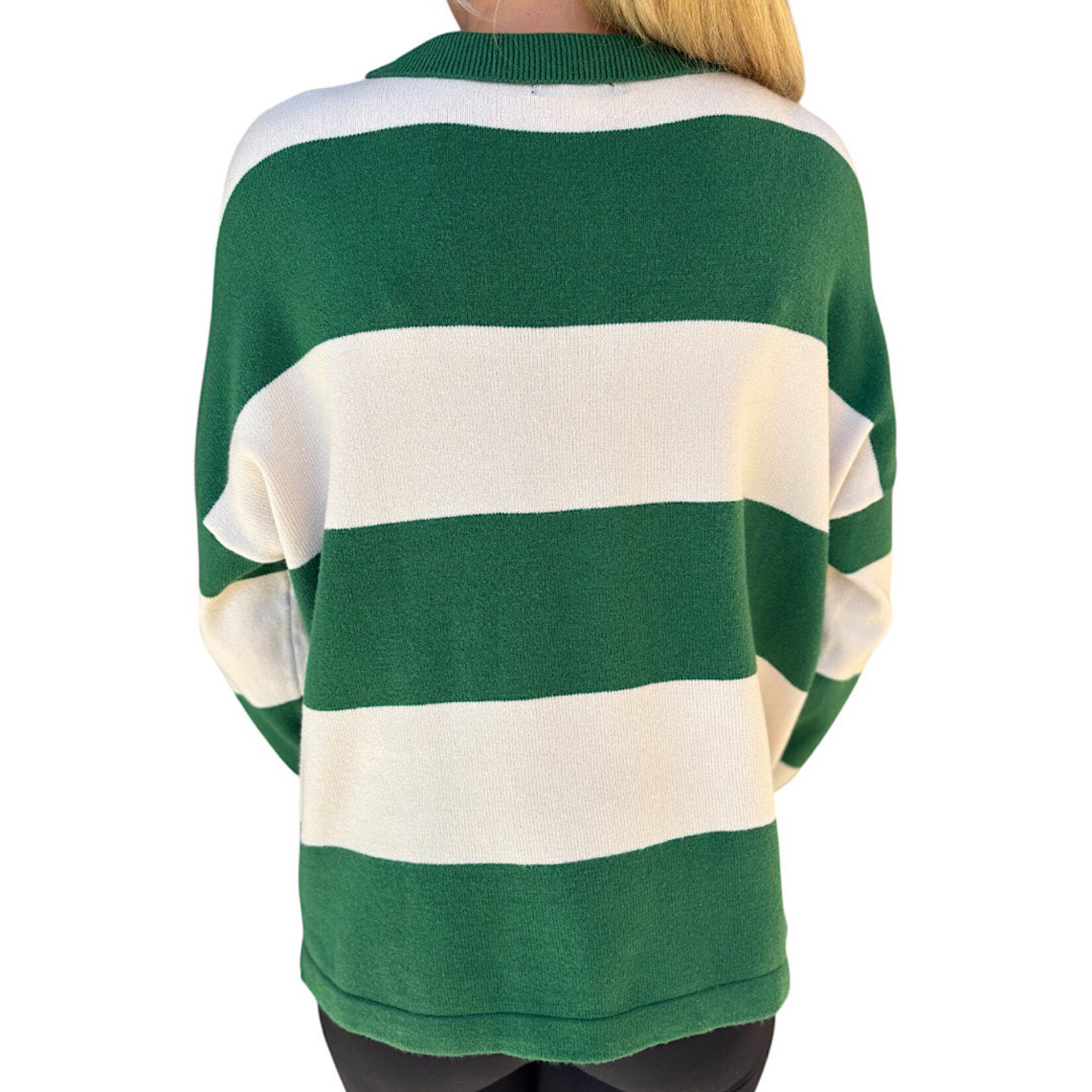 Green Sweater with Polo Collar Detailing