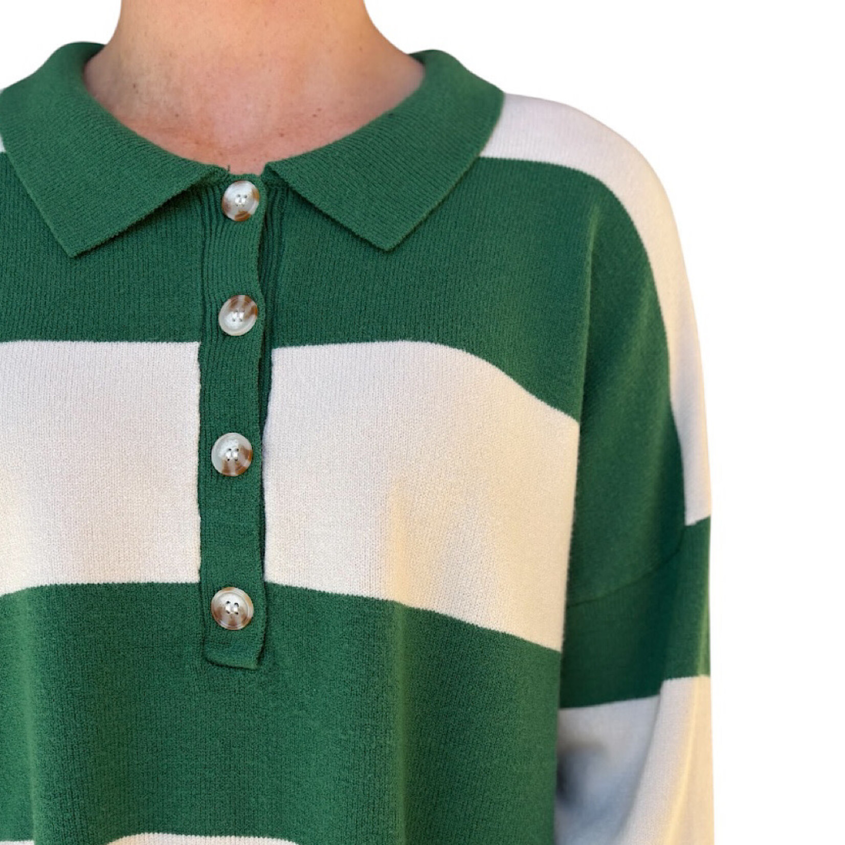 Green Sweater with Polo Collar Detailing