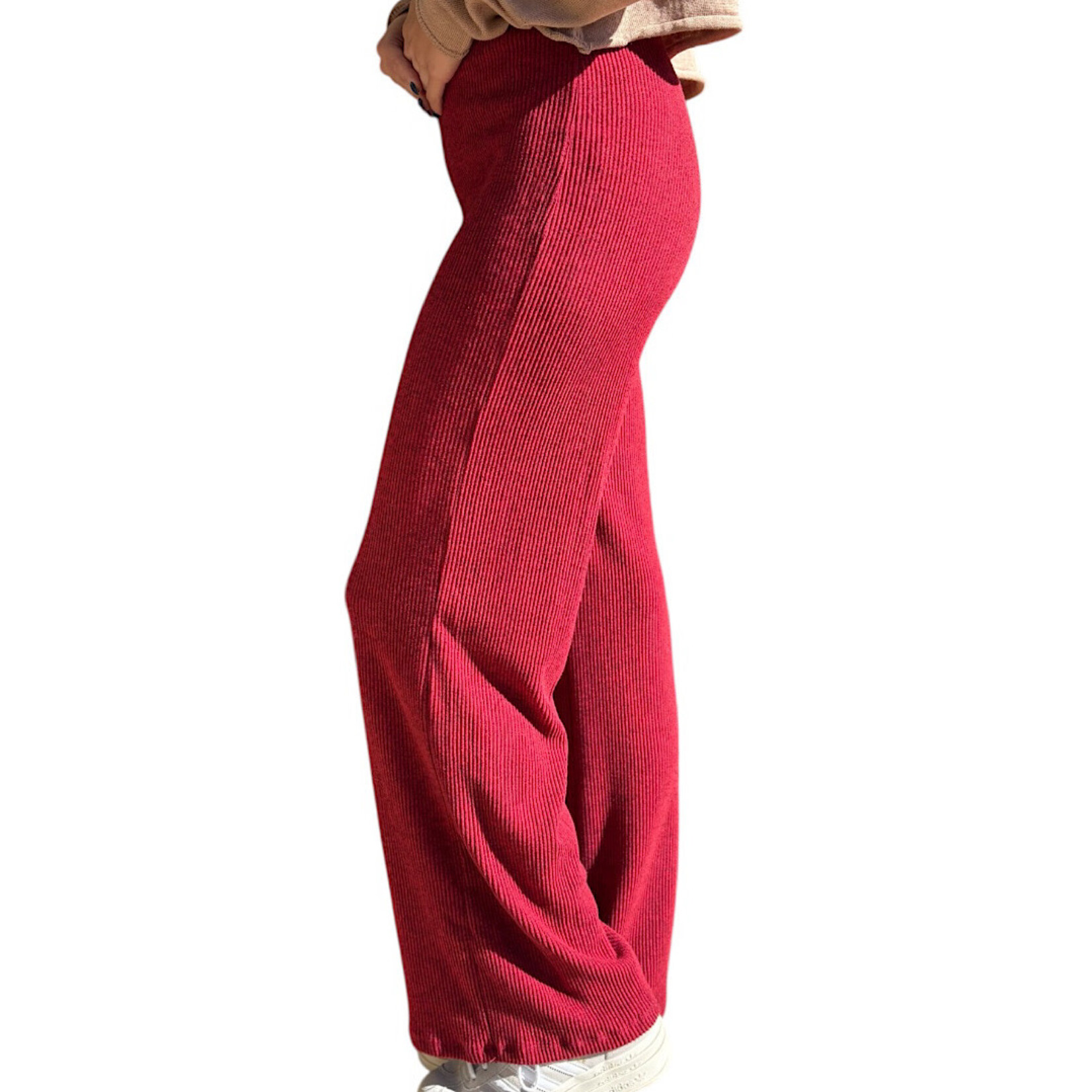 Red Ribbed Wide Leg Pants