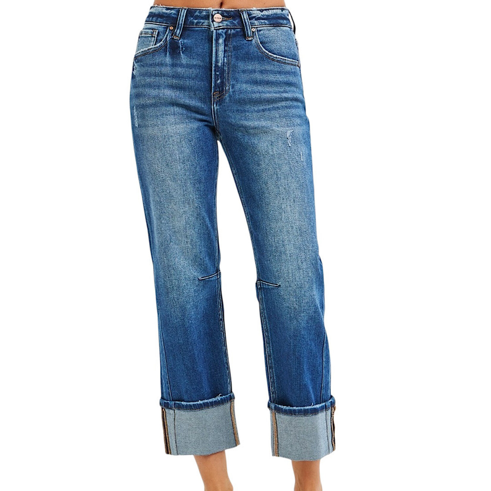 RISEN PSC21527 High Rise Straight Destressed Hem Jean