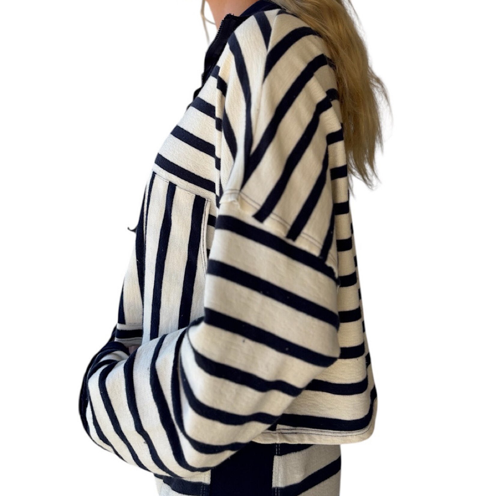 Navy Zip Neck Stripe Pullover Top