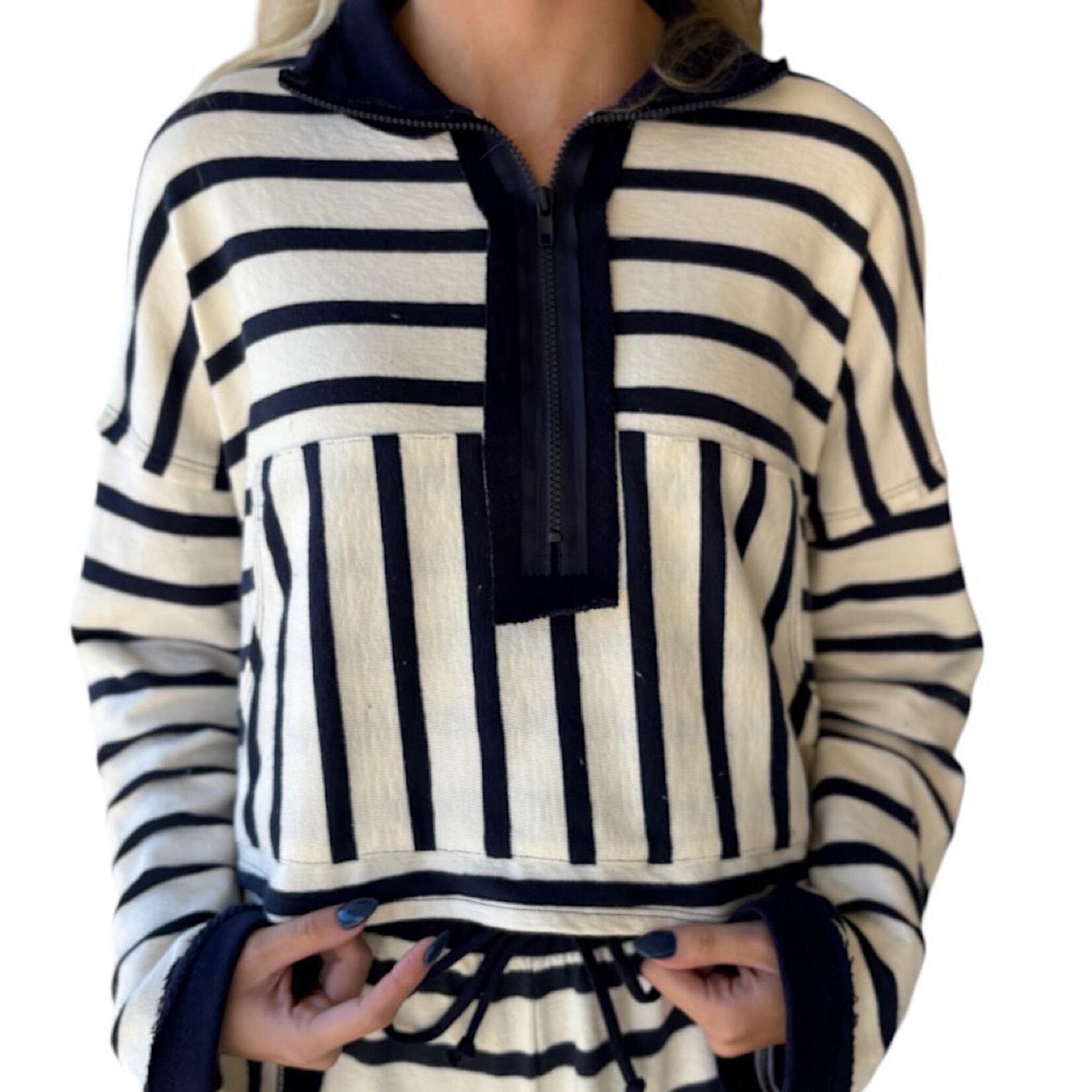 Navy Zip Neck Stripe Pullover Top
