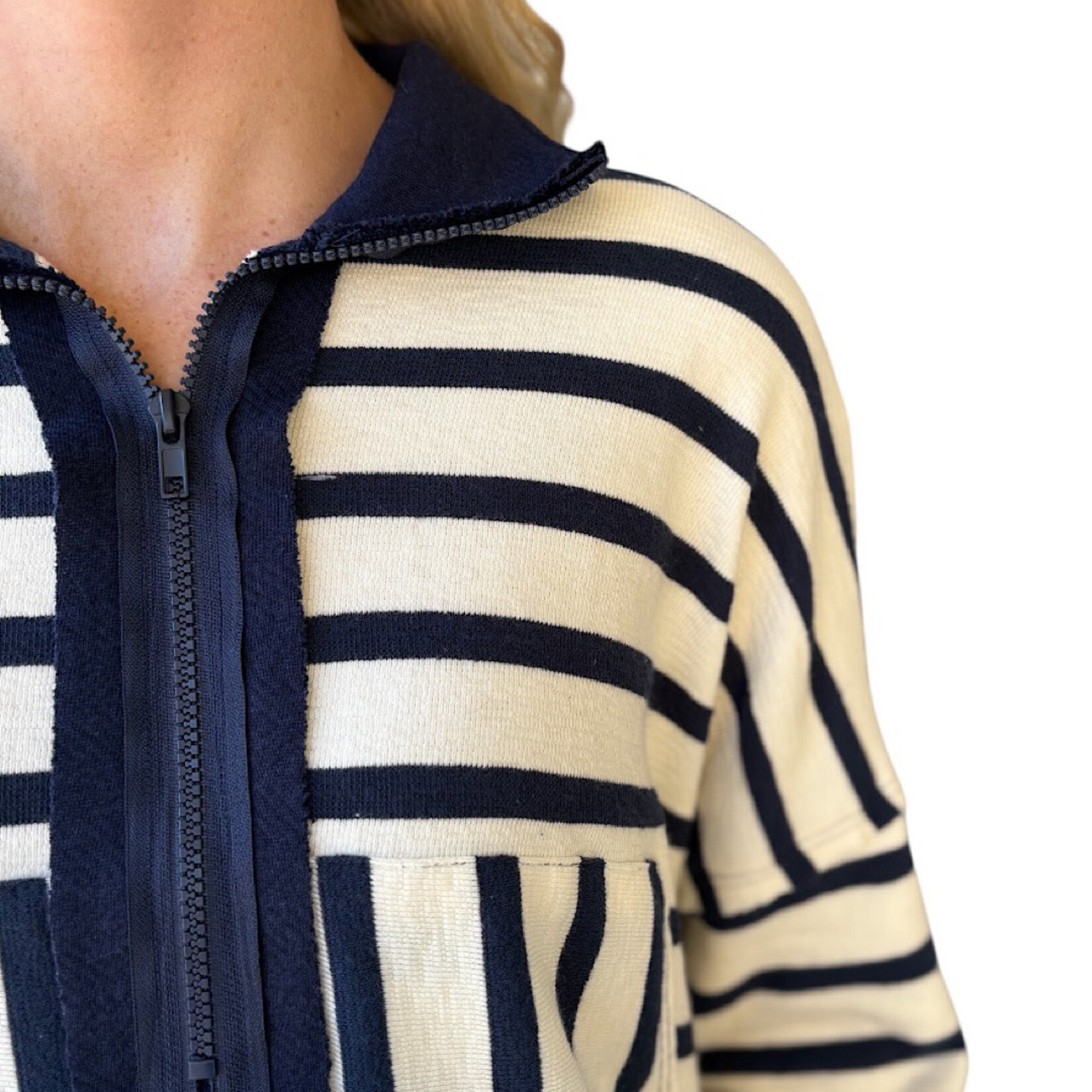 Navy Zip Neck Stripe Pullover Top