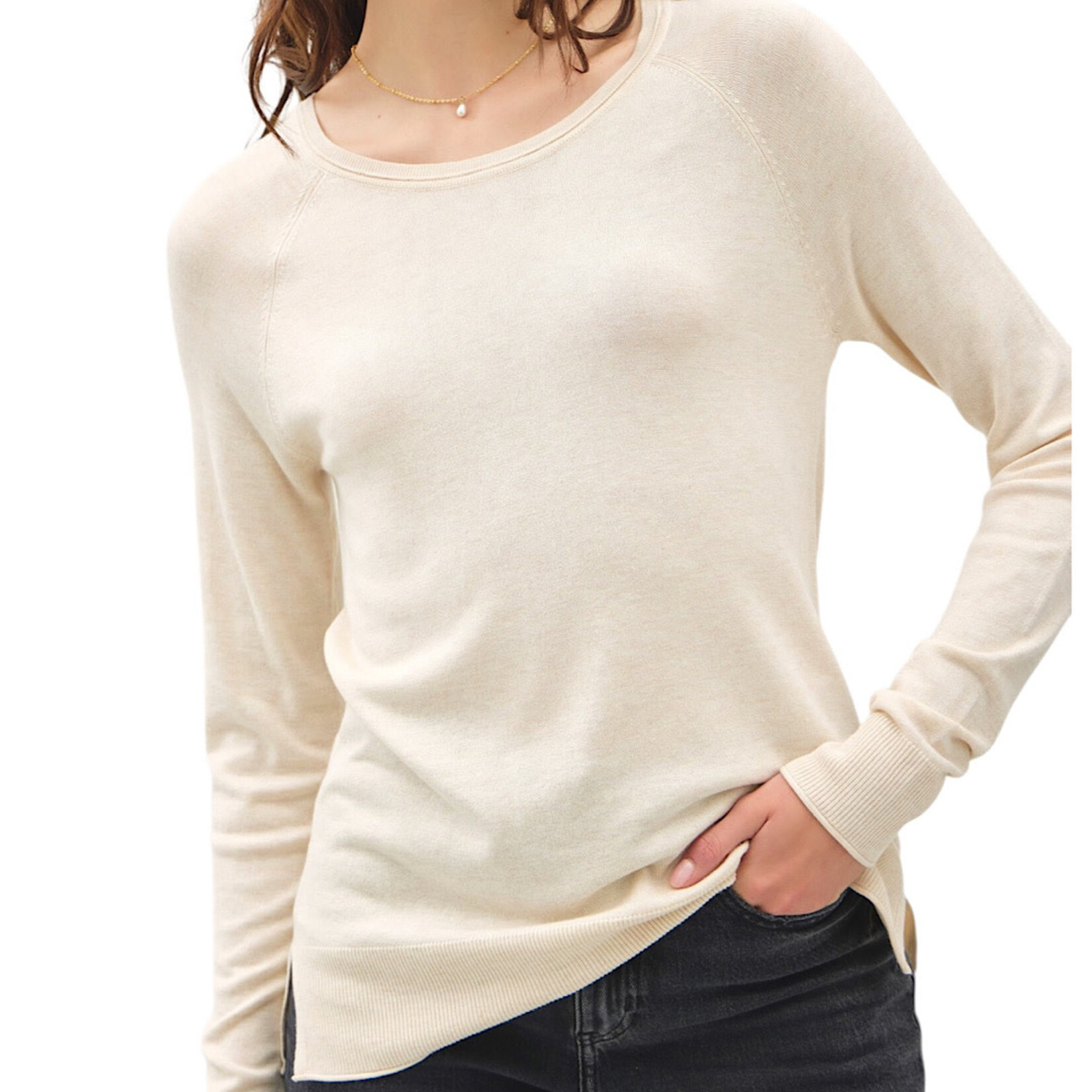 Oatmeal Round-Neck Raglan Sweater