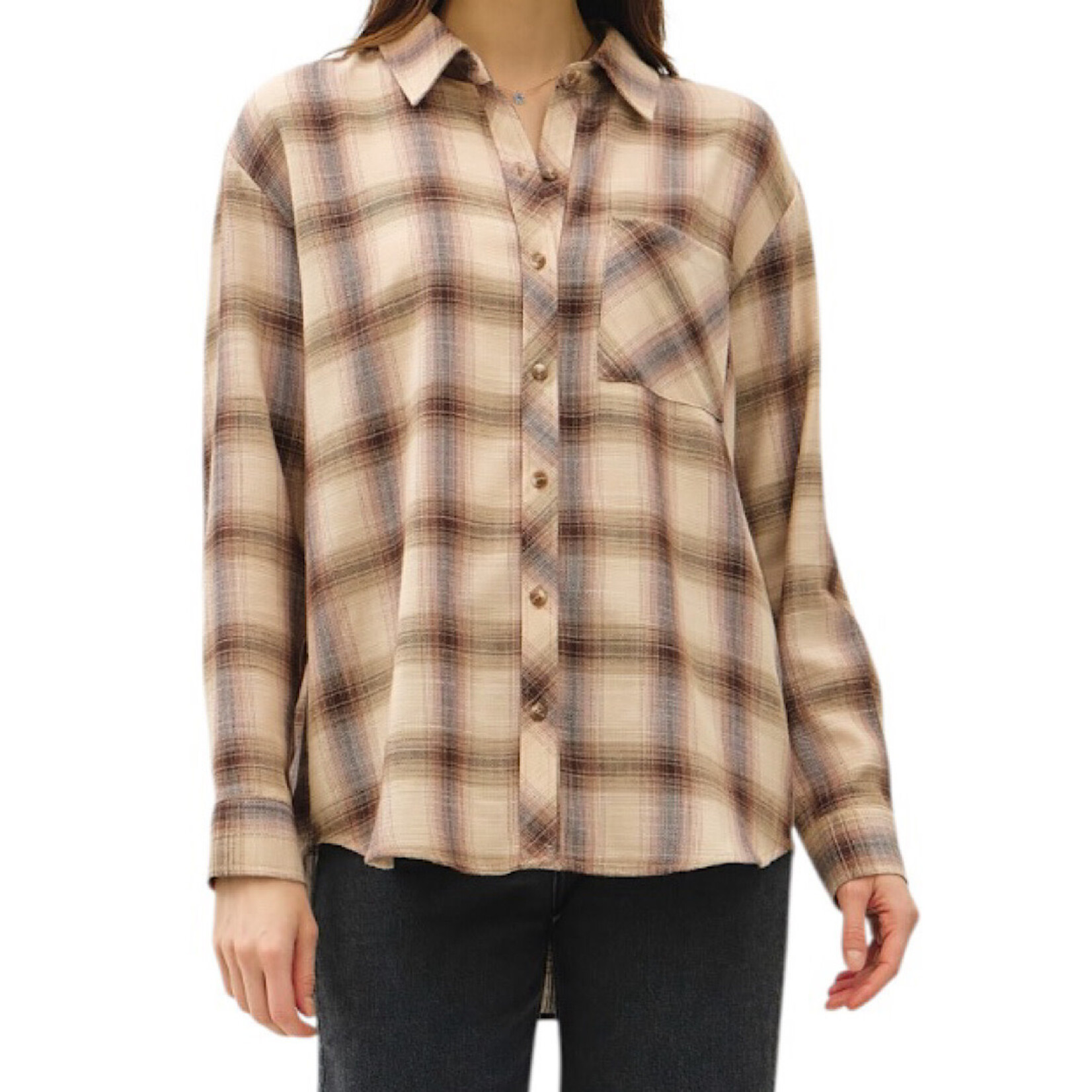 Brown Plaid Button Up With Chest Pocket Detail