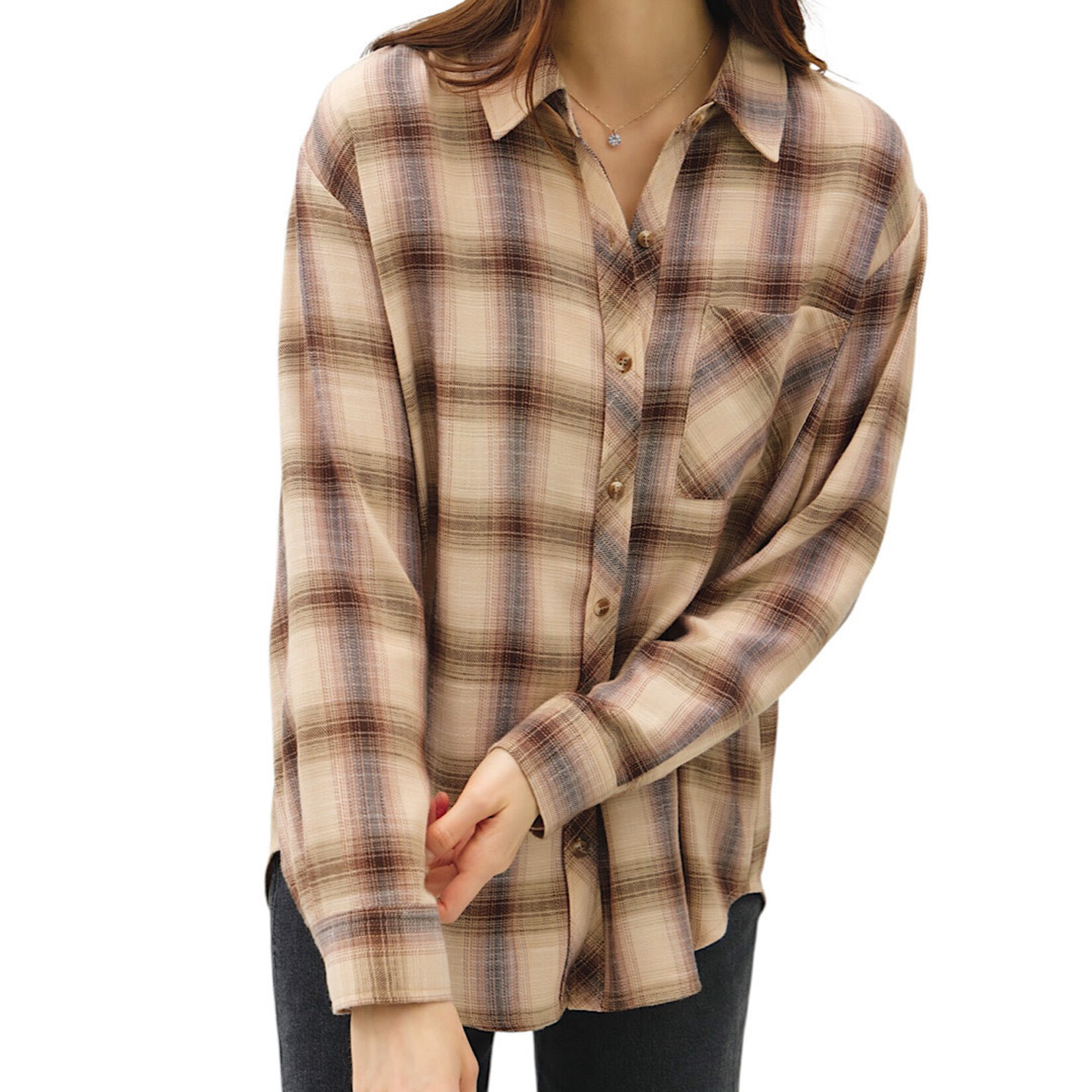Brown Plaid Button Up With Chest Pocket Detail