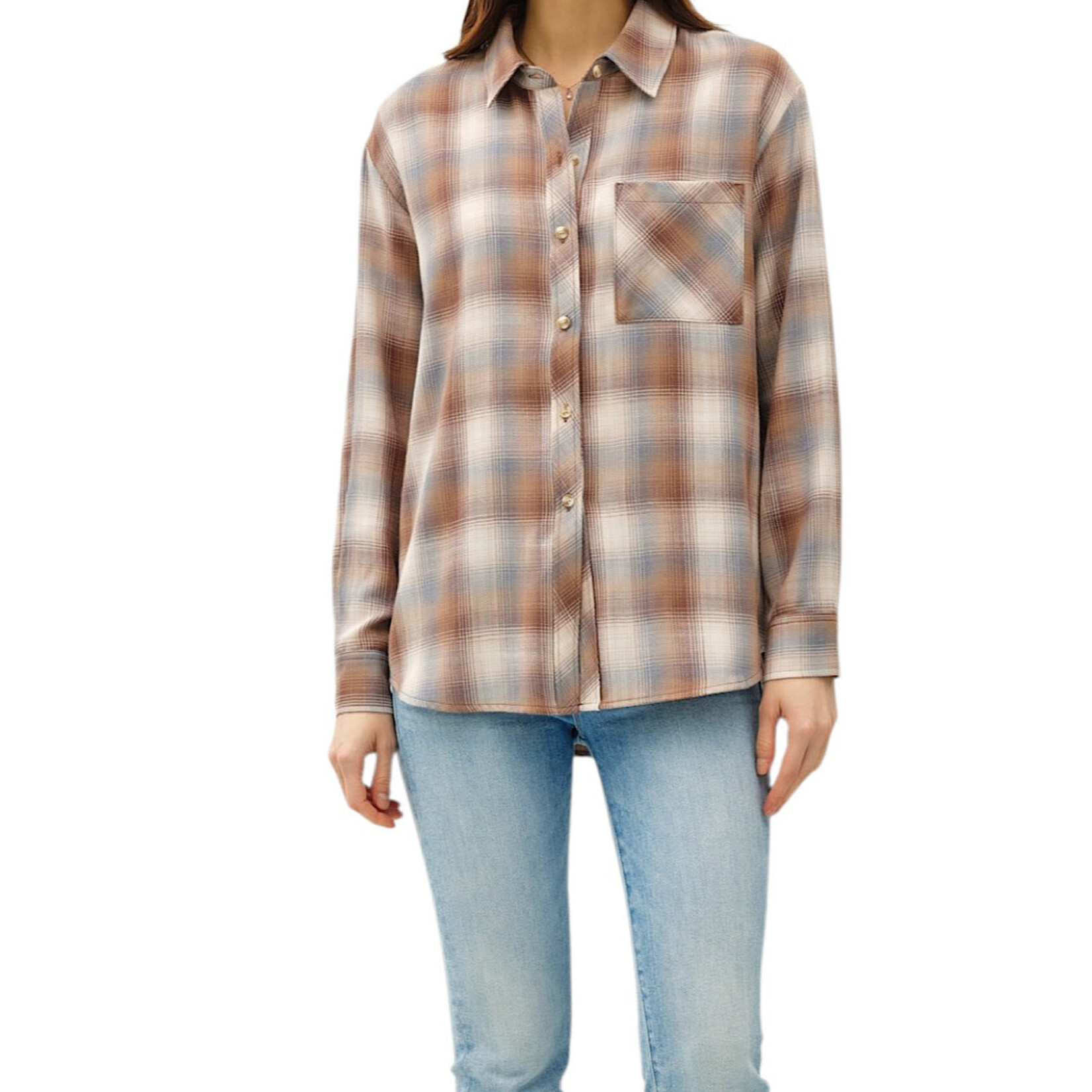 Mocha Plaid Long Sleeve Button Up With Front Chest Pocket