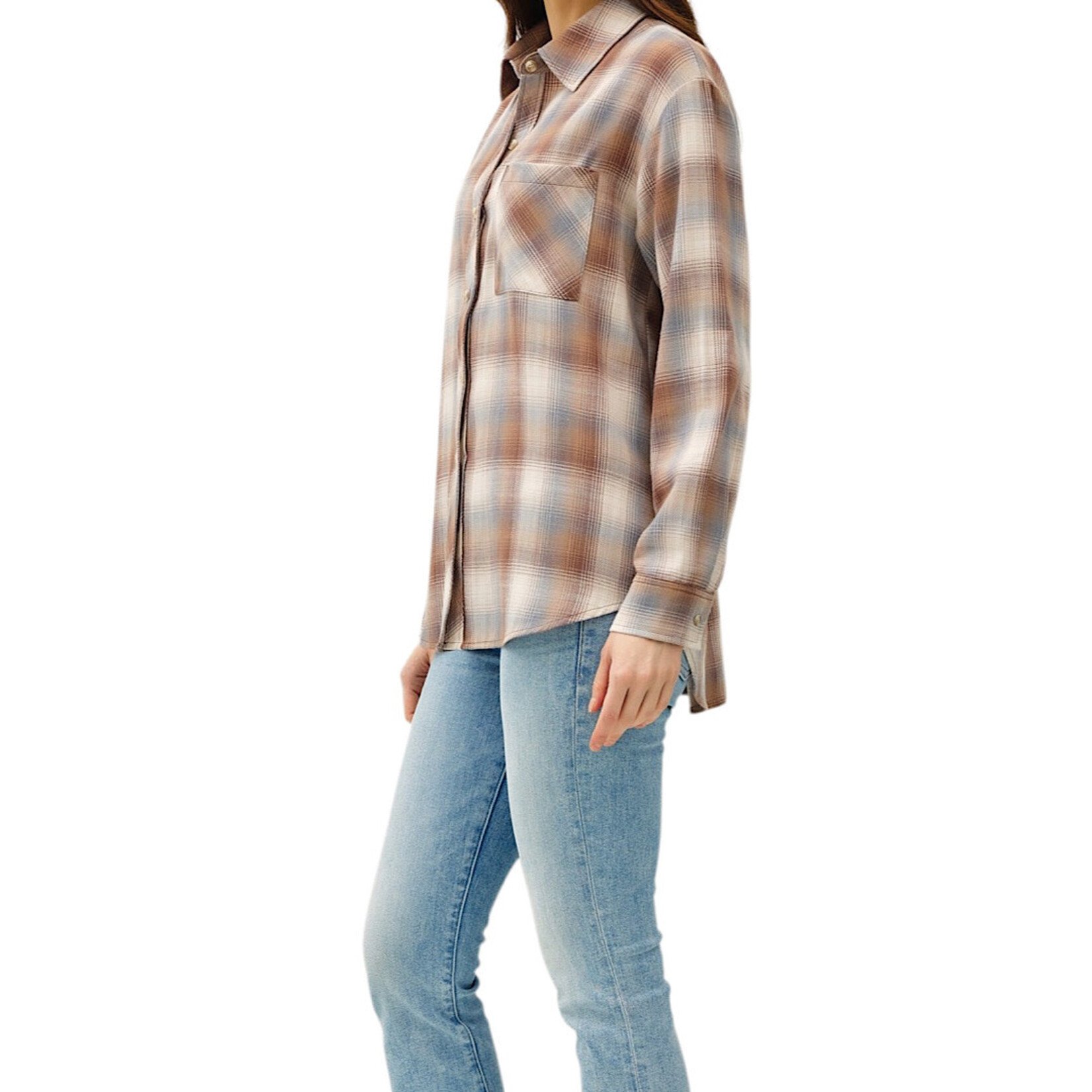 Mocha Plaid Long Sleeve Button Up With Front Chest Pocket