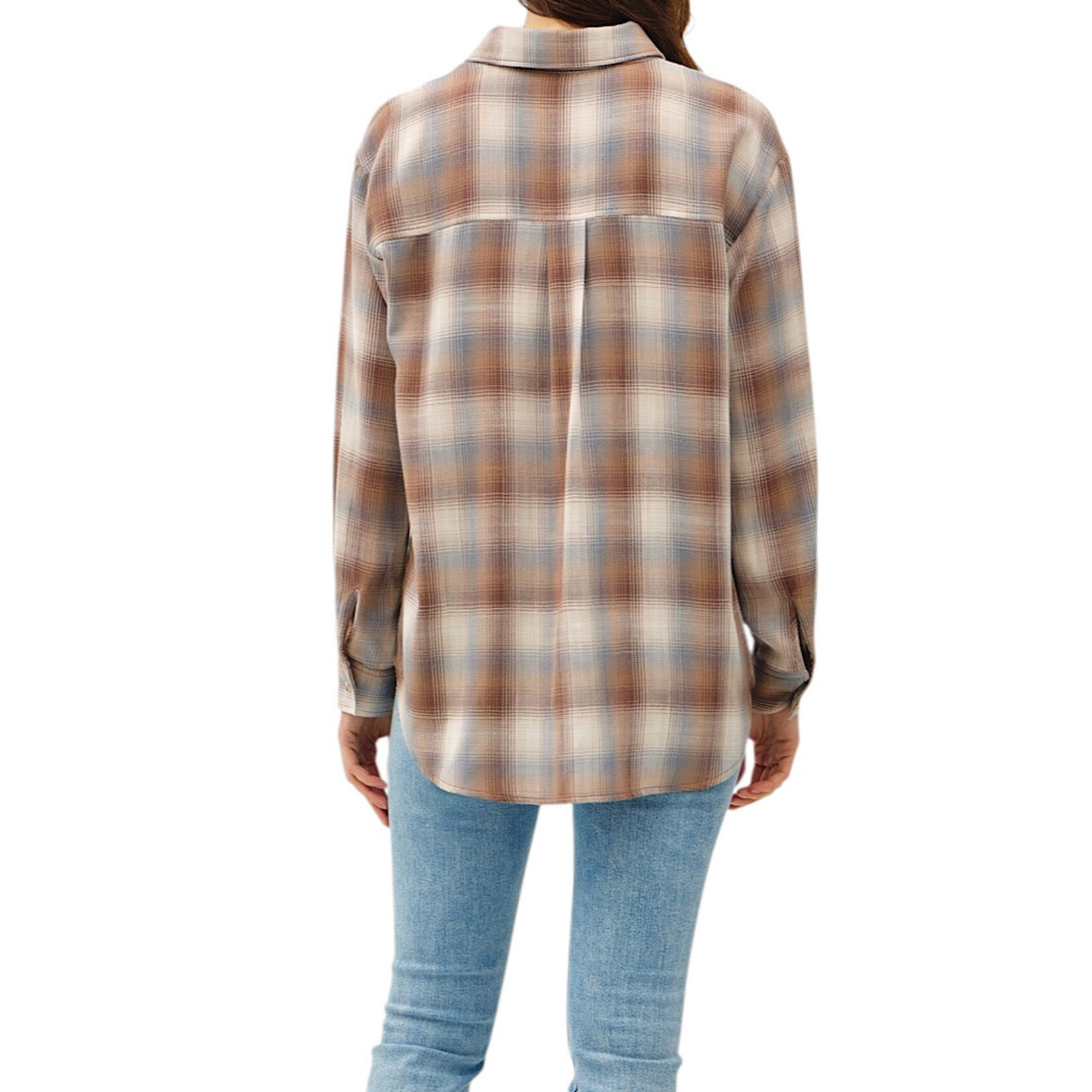 Mocha Plaid Long Sleeve Button Up With Front Chest Pocket