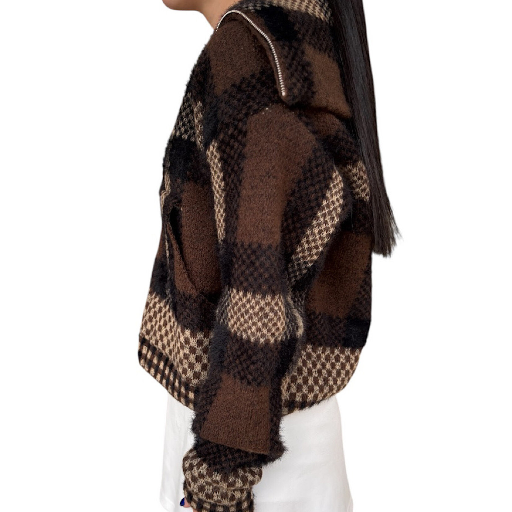 Brown Plaid Knit Zipper Jacket
