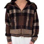 Brown Plaid Knit Zipper Jacket