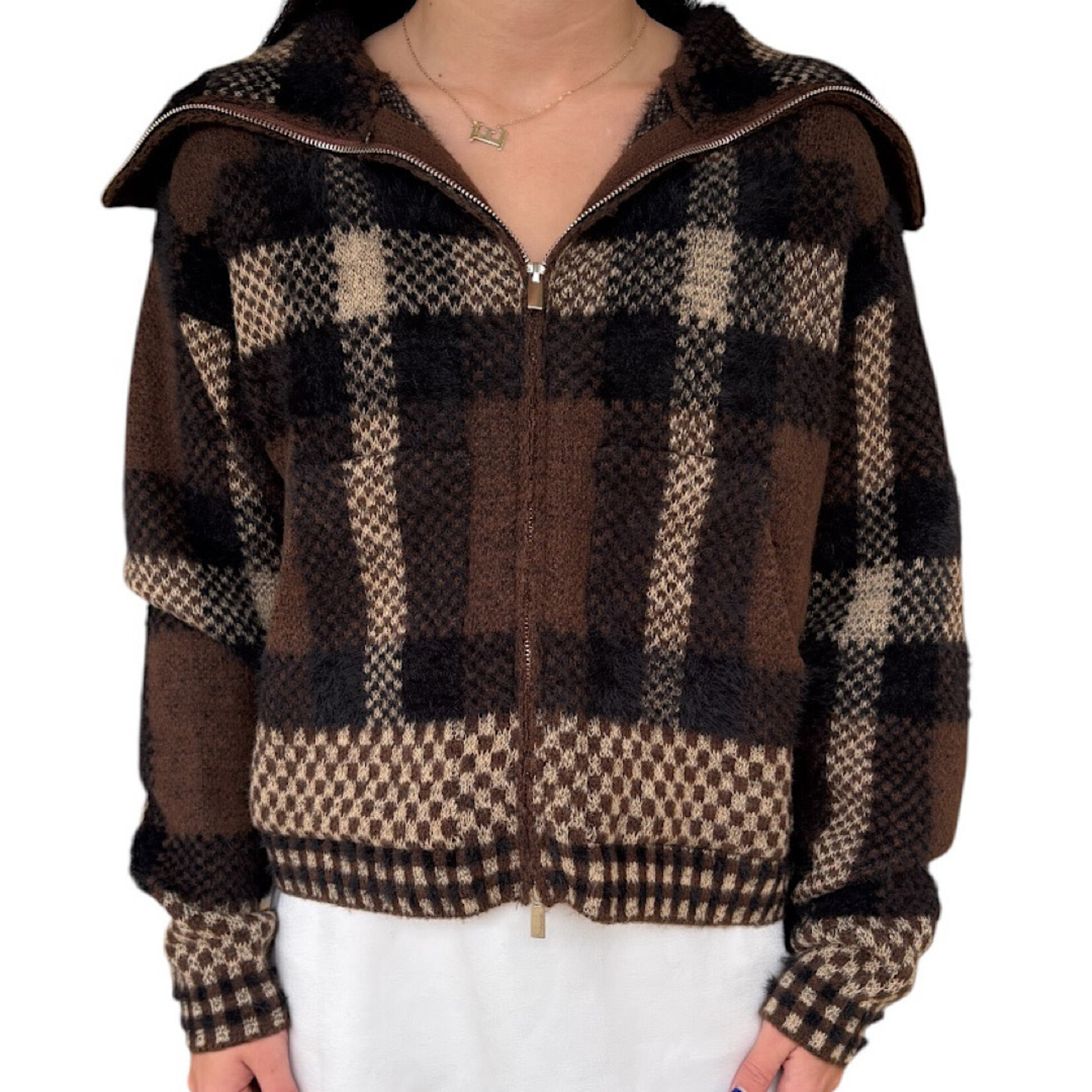 Brown Plaid Knit Zipper Jacket