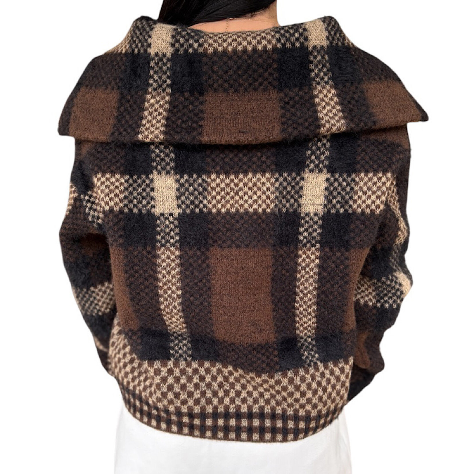 Brown Plaid Knit Zipper Jacket
